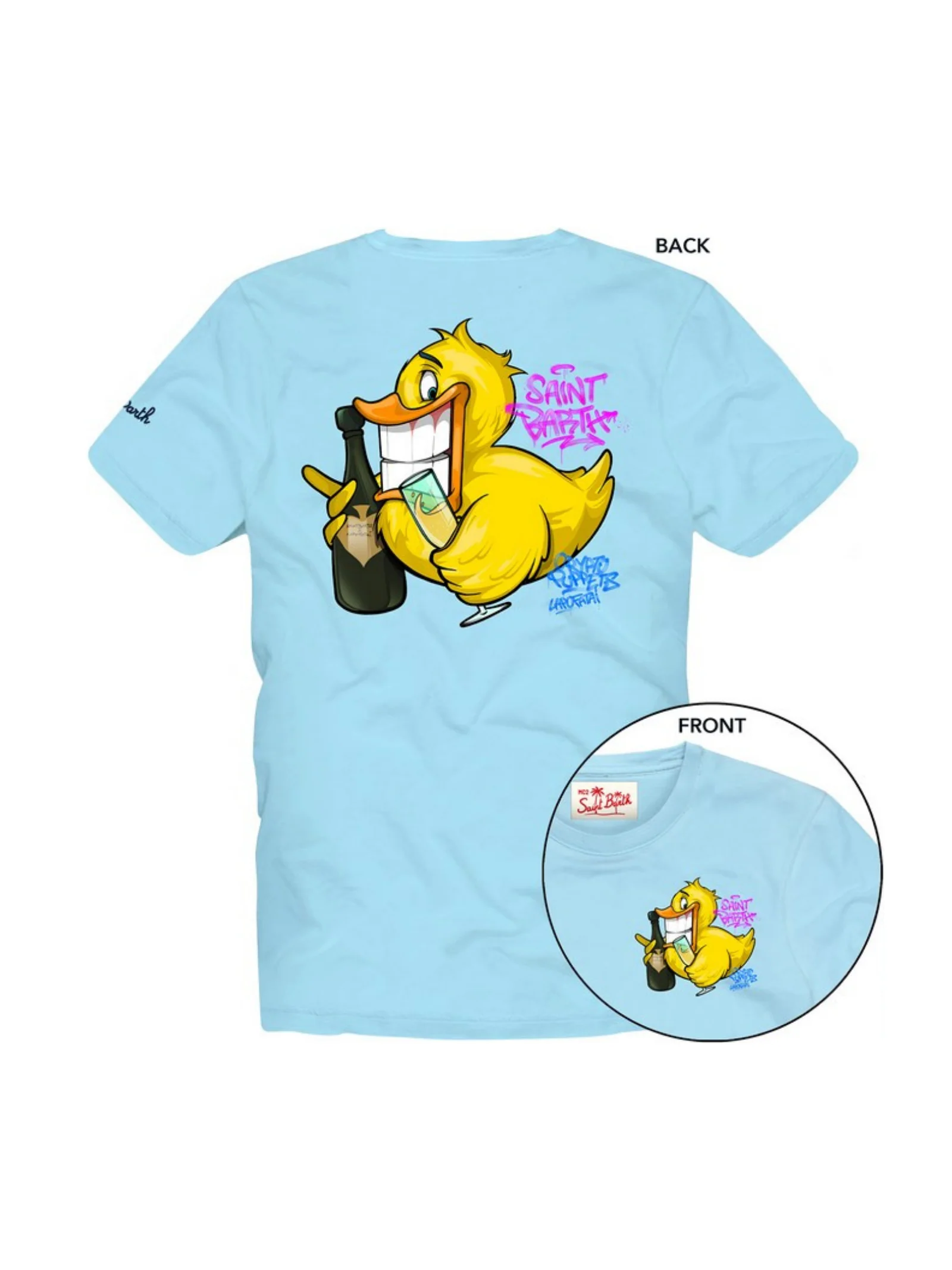 T-Shirt Saint Barth azzurra con stampa papero e bottiglia