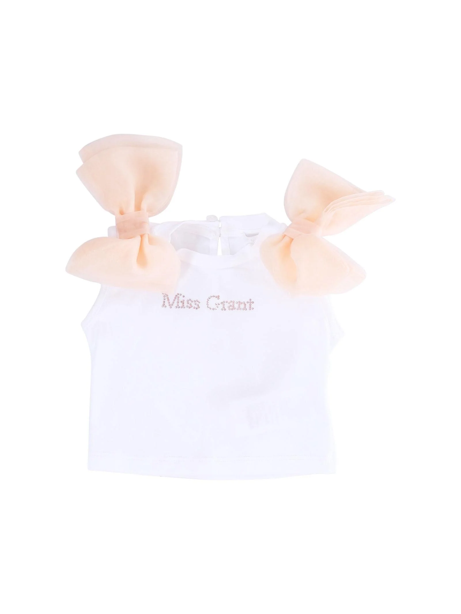 T-Shirt Miss Grant bianca con fiocchi in tulle e logo in strass