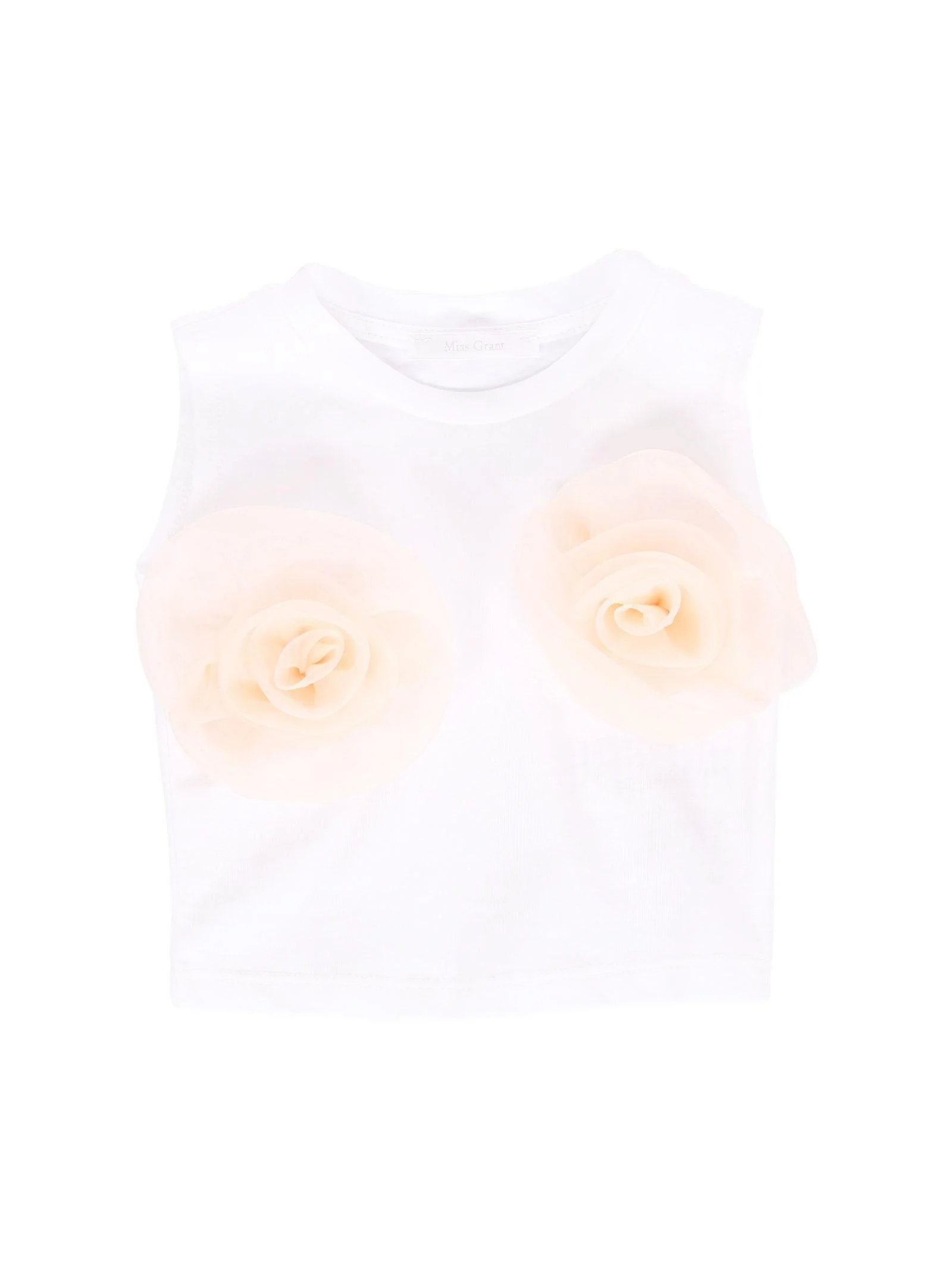 Top Miss Grant bianco con fiori in tulle rosa pesca