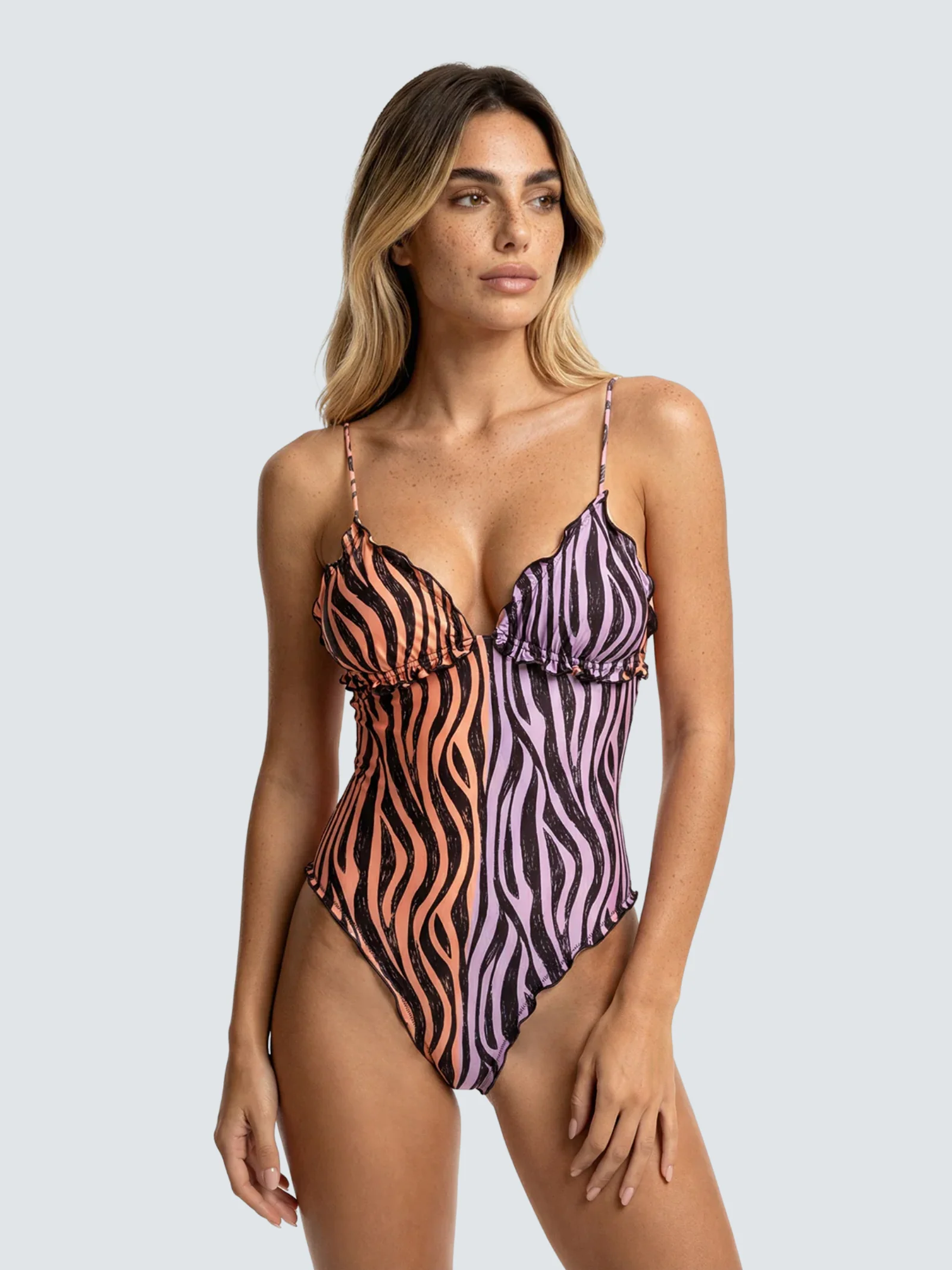 Monokini Fk viola e arancione con fantasia ondulata