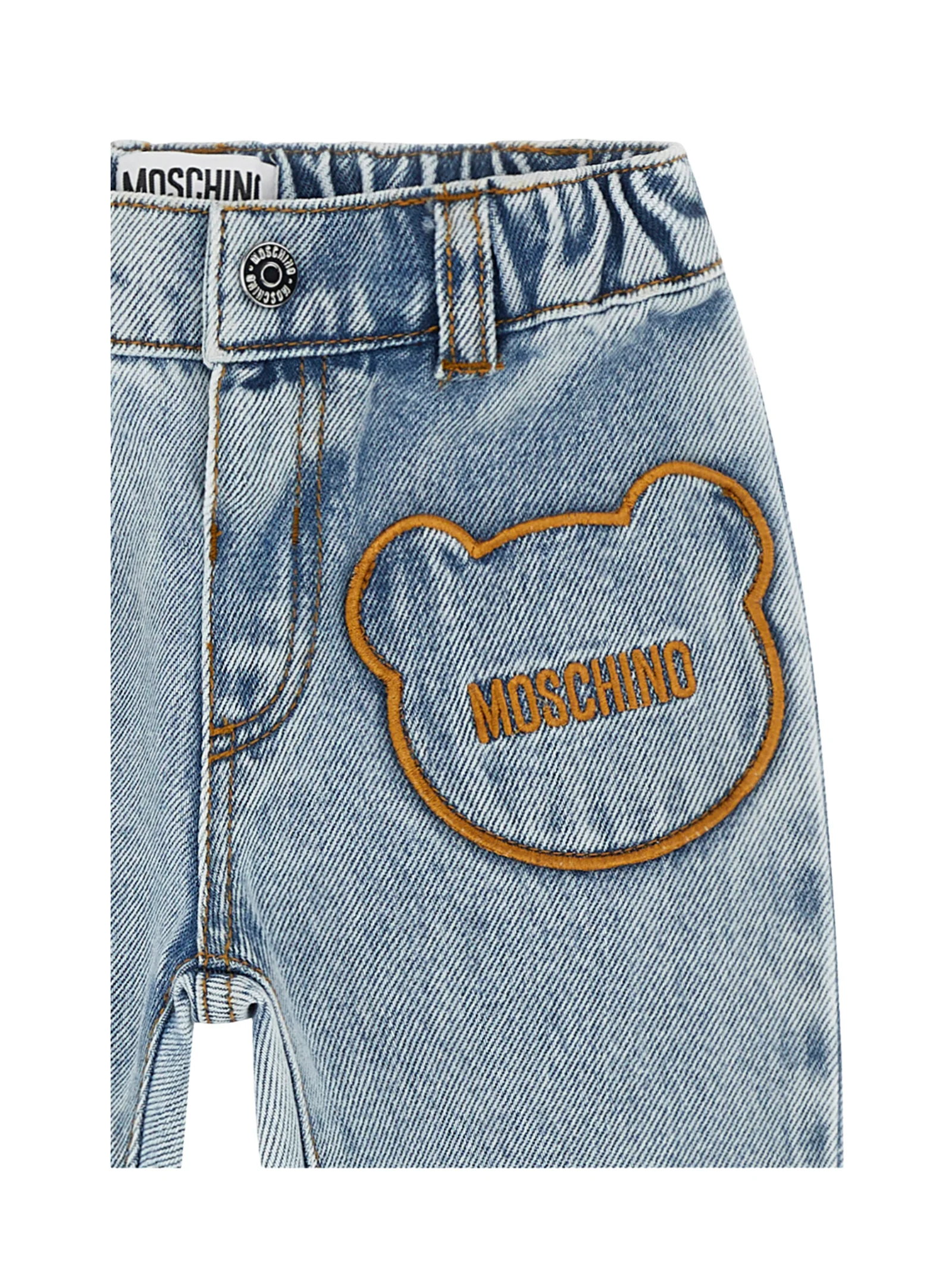 Jeans Moschino blu in denim con tasche ricamate a forma di teddy toy - Image 3