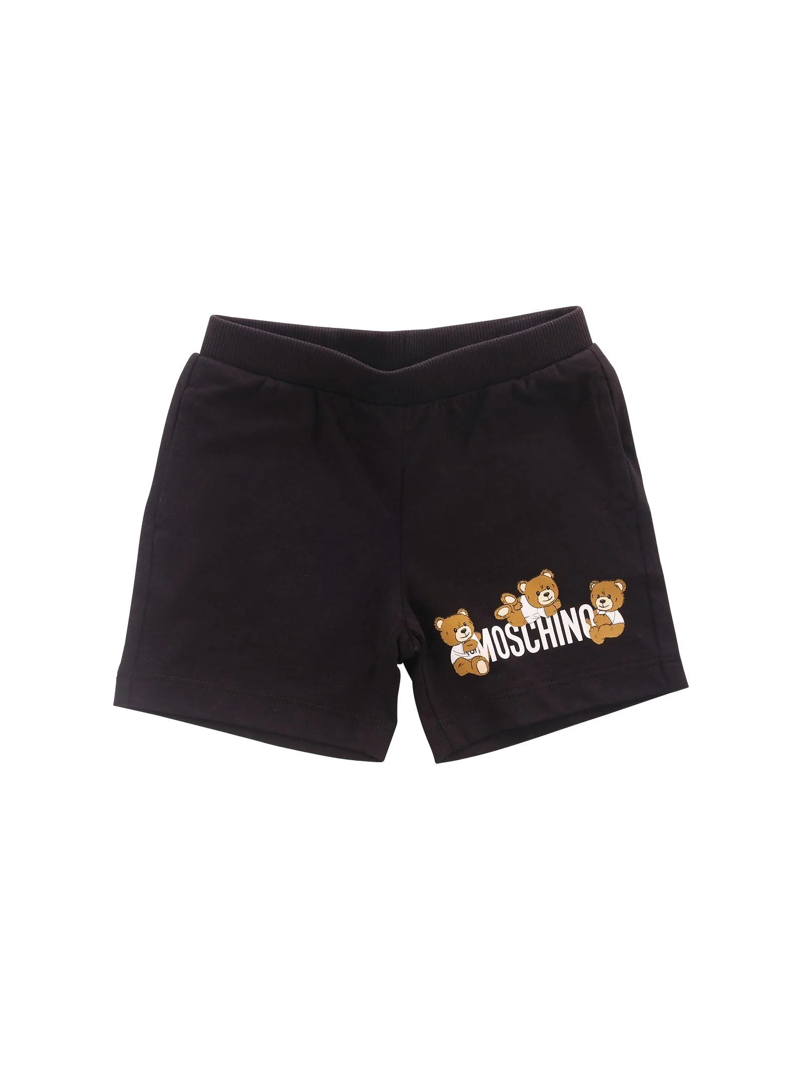 Shorts Moschino nero con logo e teddy bear sul fondo