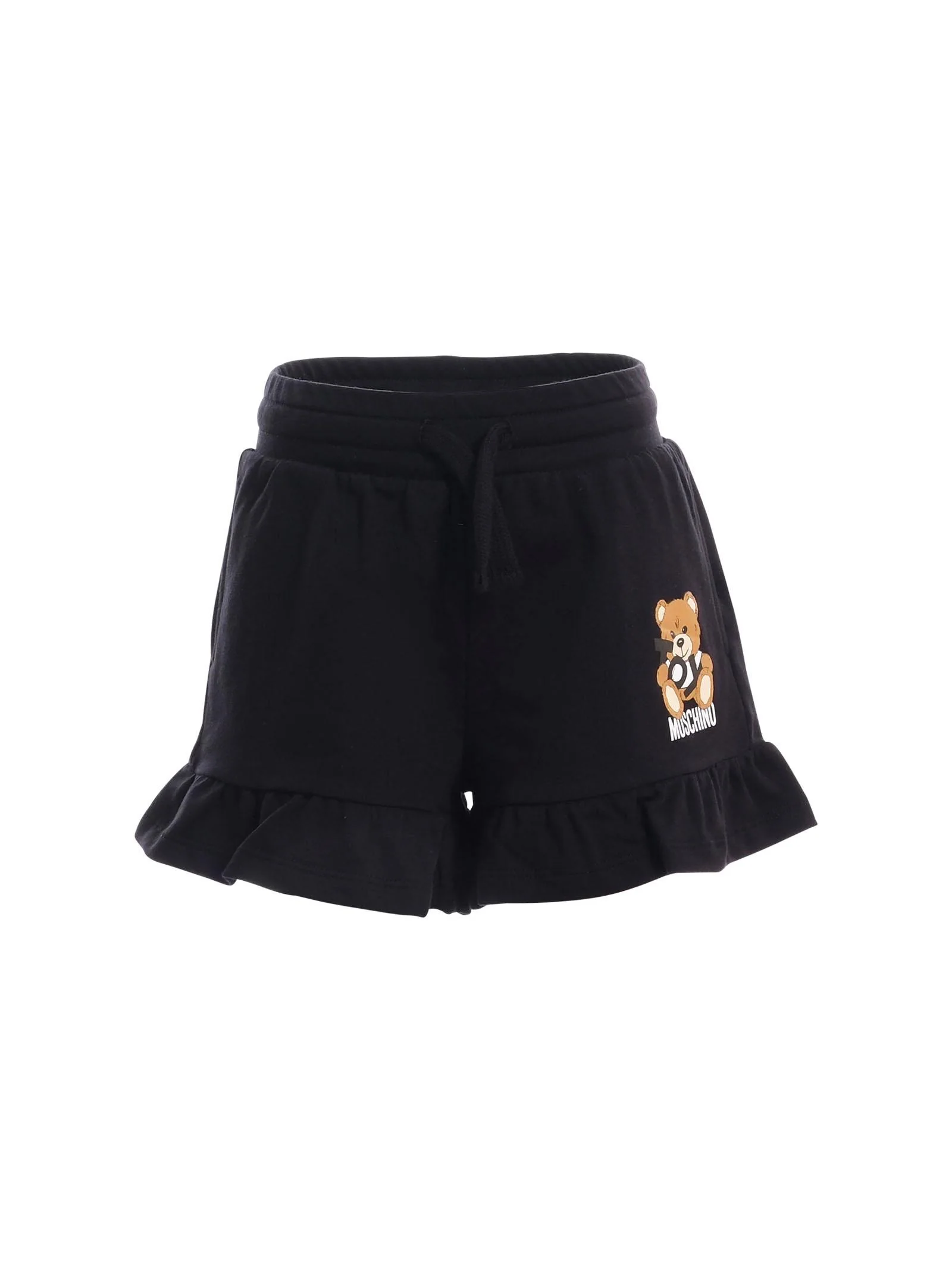 Shorts Moschino nero con logo Teddy e volant sul fondo