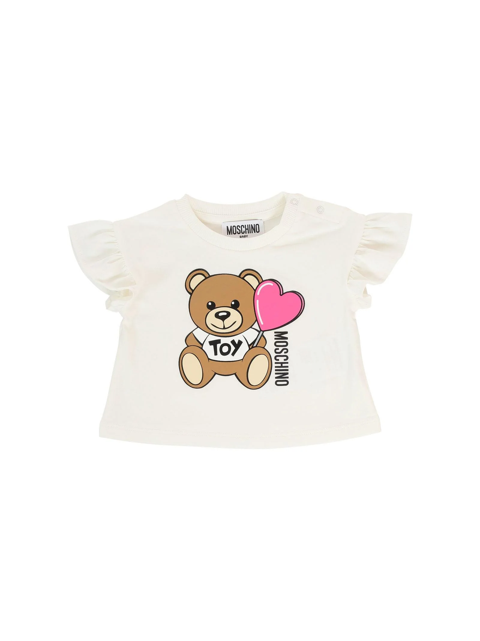 T-Shirt Moschino bianca con stampa teddy toy e cuore fucsia