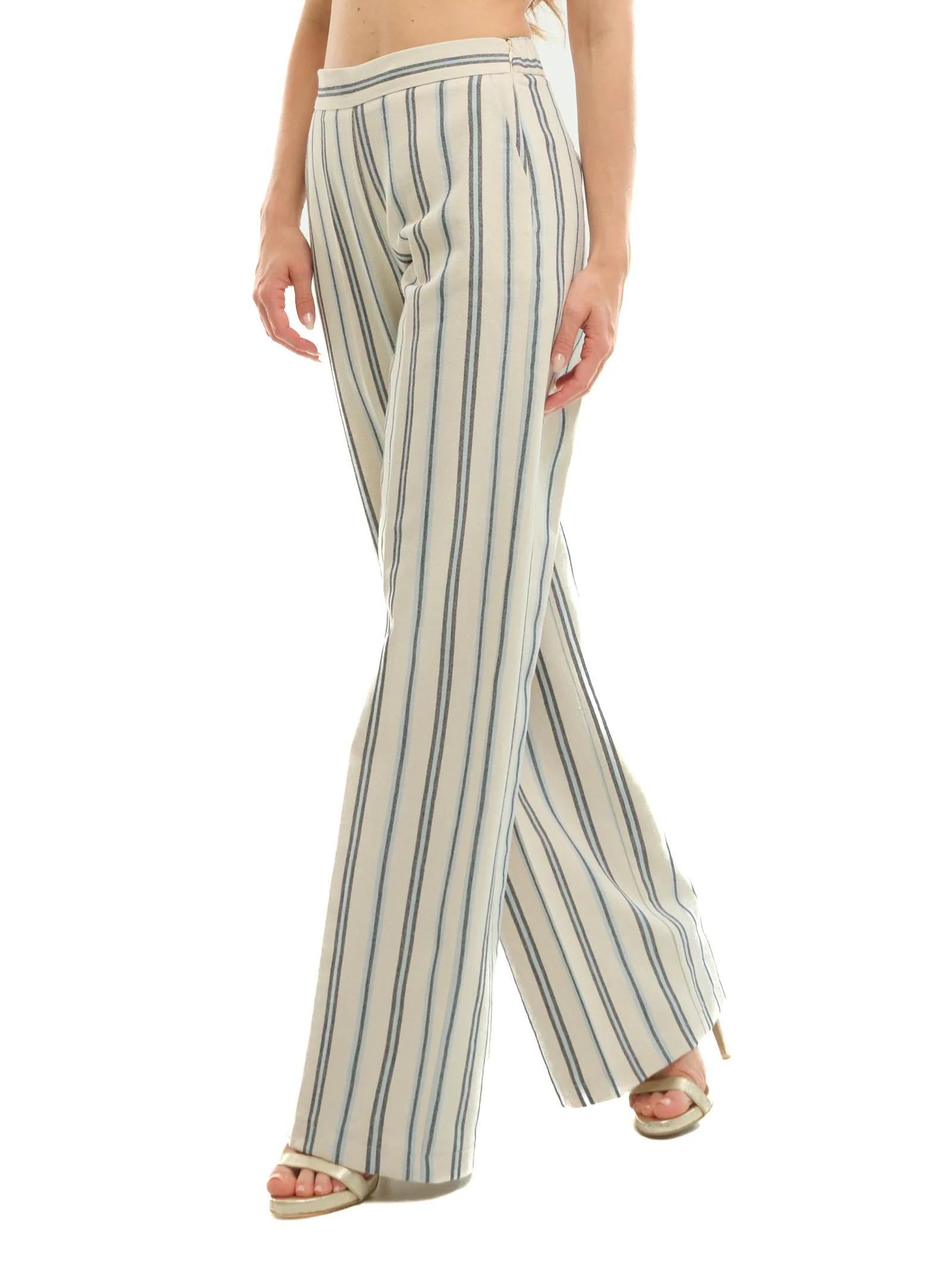 Pantalone a gamba ampia Imperial beige a righe blu - Image 2