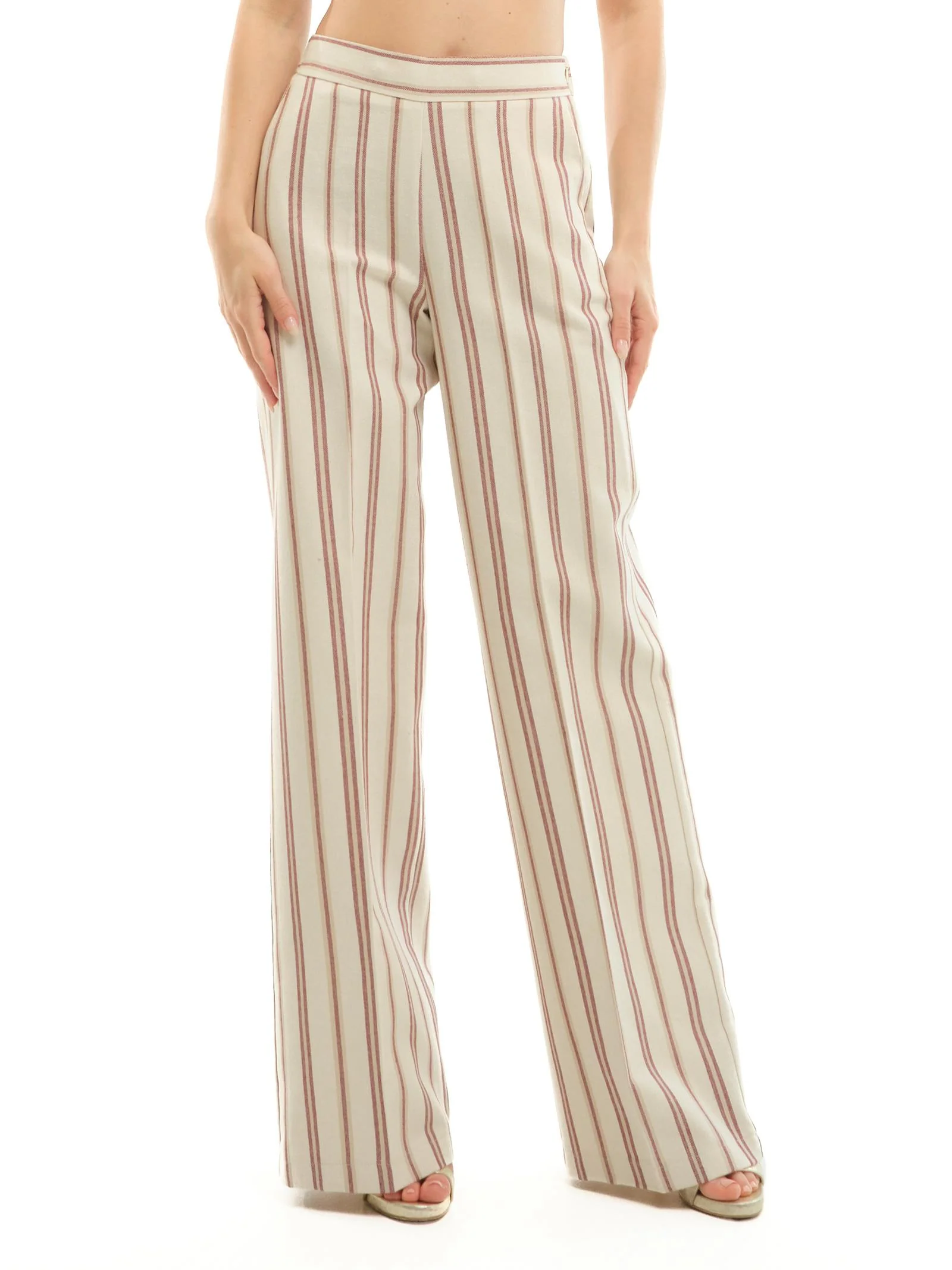 Pantalone a gamba ampia Imperial beige a righe rosa - Image 2