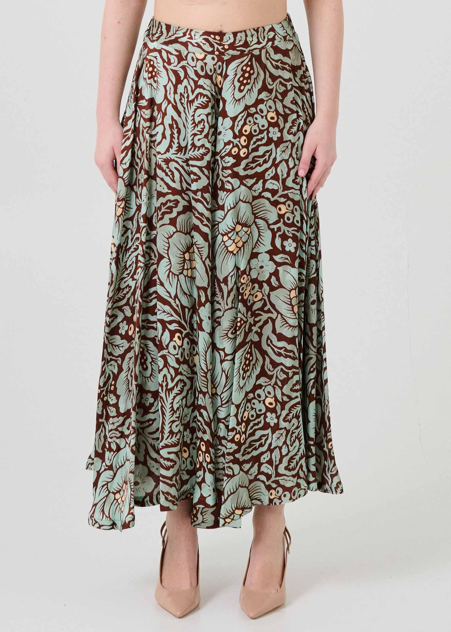 Pantalone a palazzo Dixie marrone e verde fantasia floreale