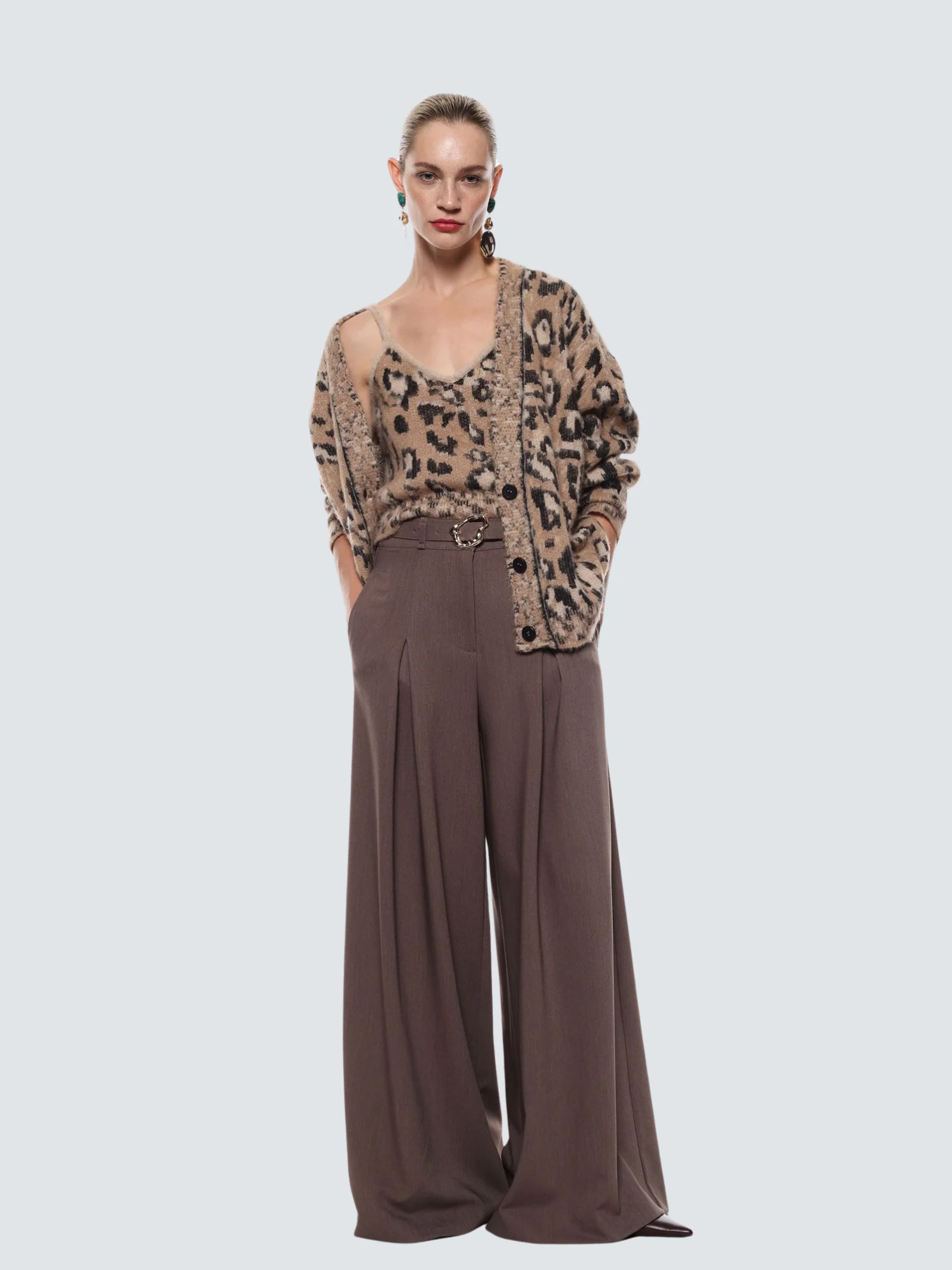 Pantalone ampio a vita alta Imperial fango con cintura decorativa - Image 2