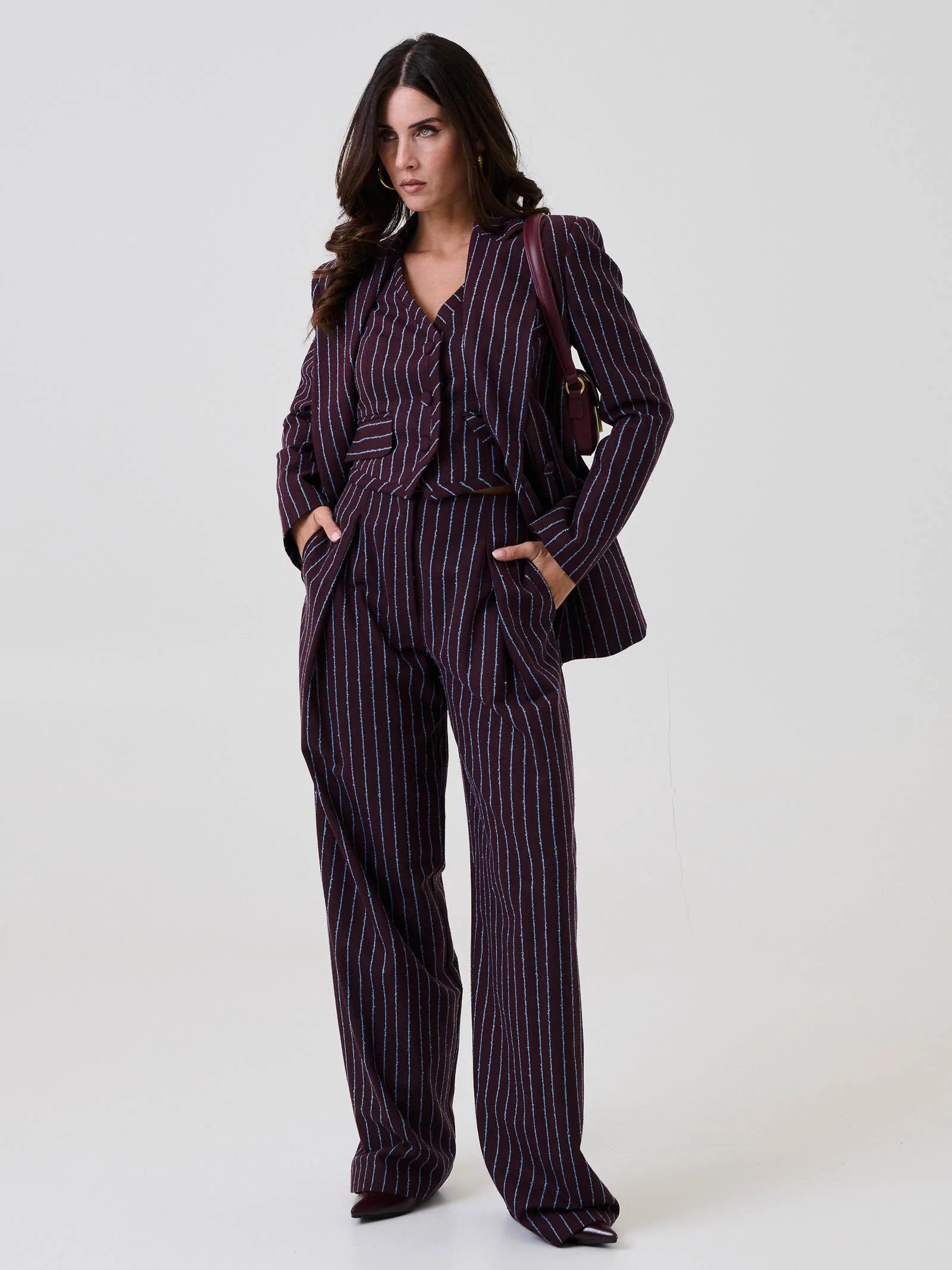 Pantalone con pences Bohemian Vì bordeaux a righe azzurre - Image 4