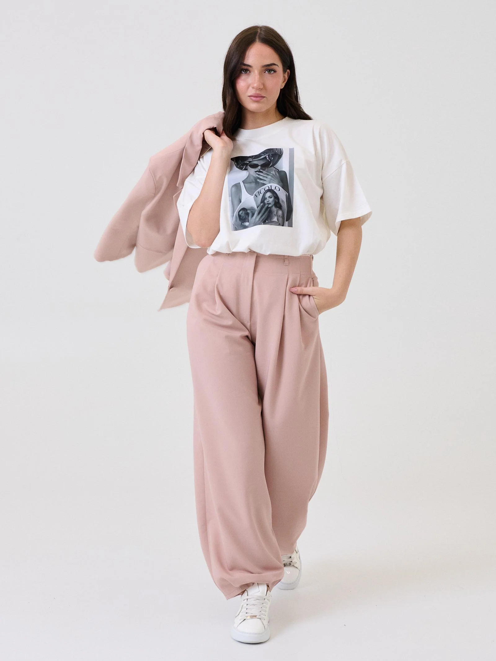 Pantalone con pinces Vicolo rosa cipria e dettaglio boxer bianco - Image 4