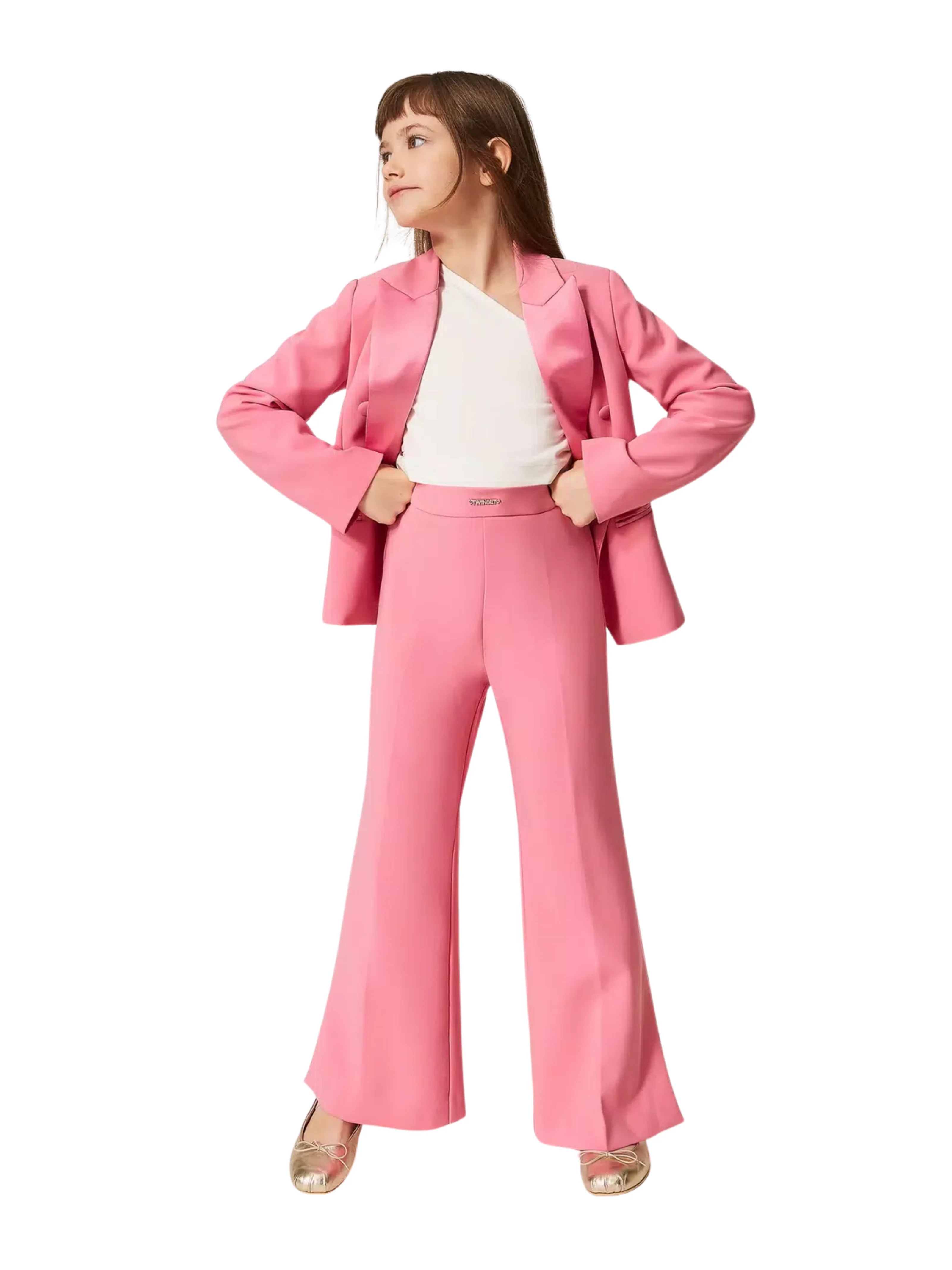Pantalone flare Twinset rosa in crêpe con spacchi - Image 3