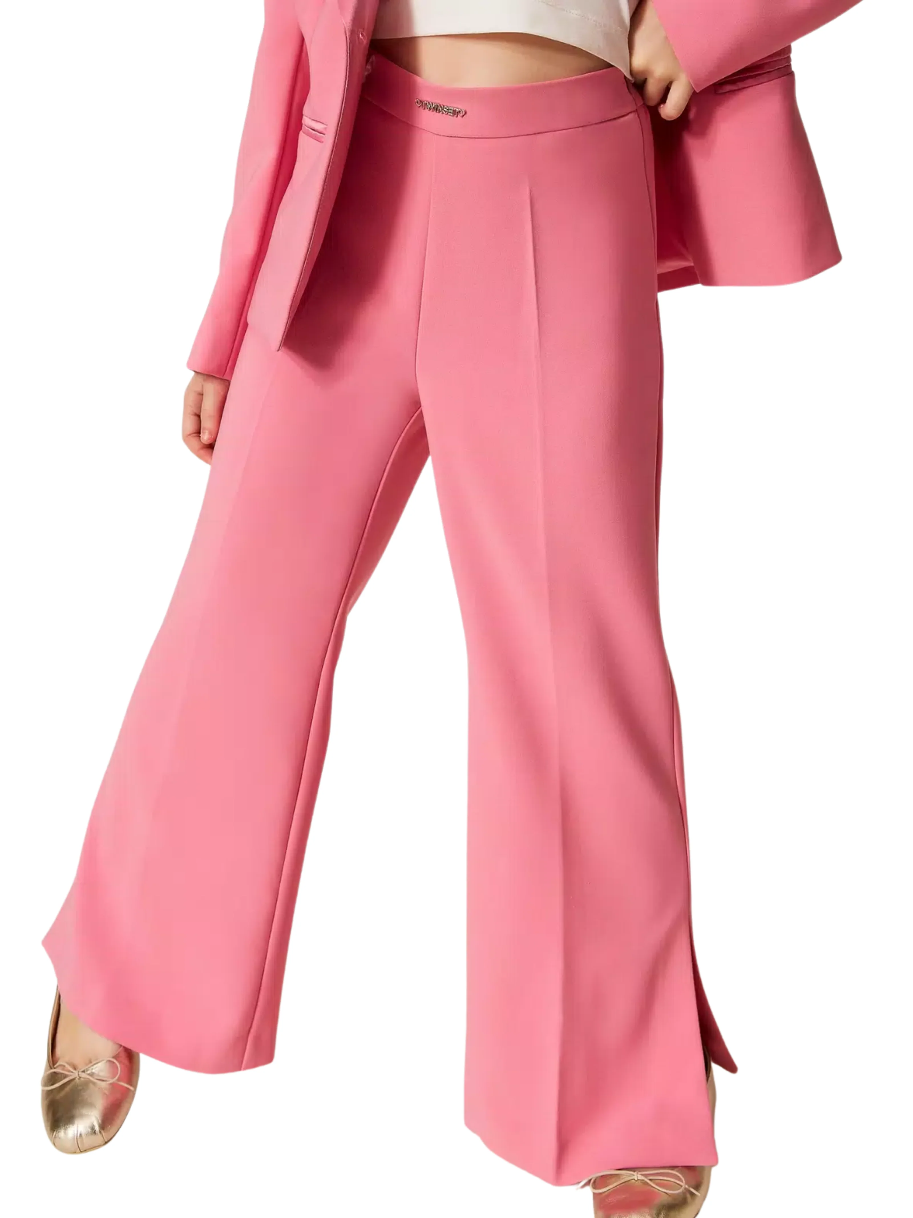 Pantalone flare Twinset rosa in crêpe con spacchi - Image 4