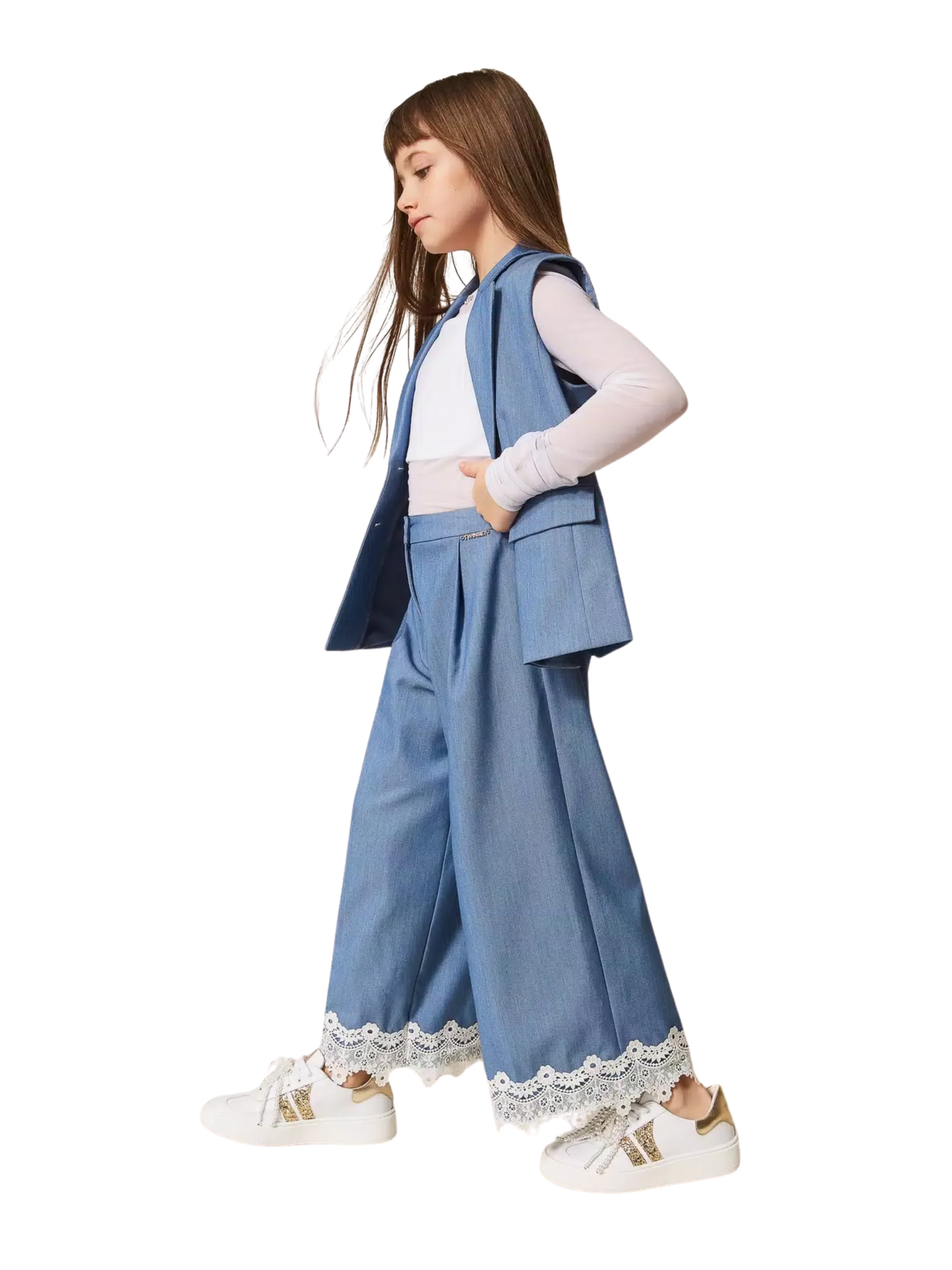 Pantalone in fil-à-fil Twinset azzurro con pizzo - Image 4