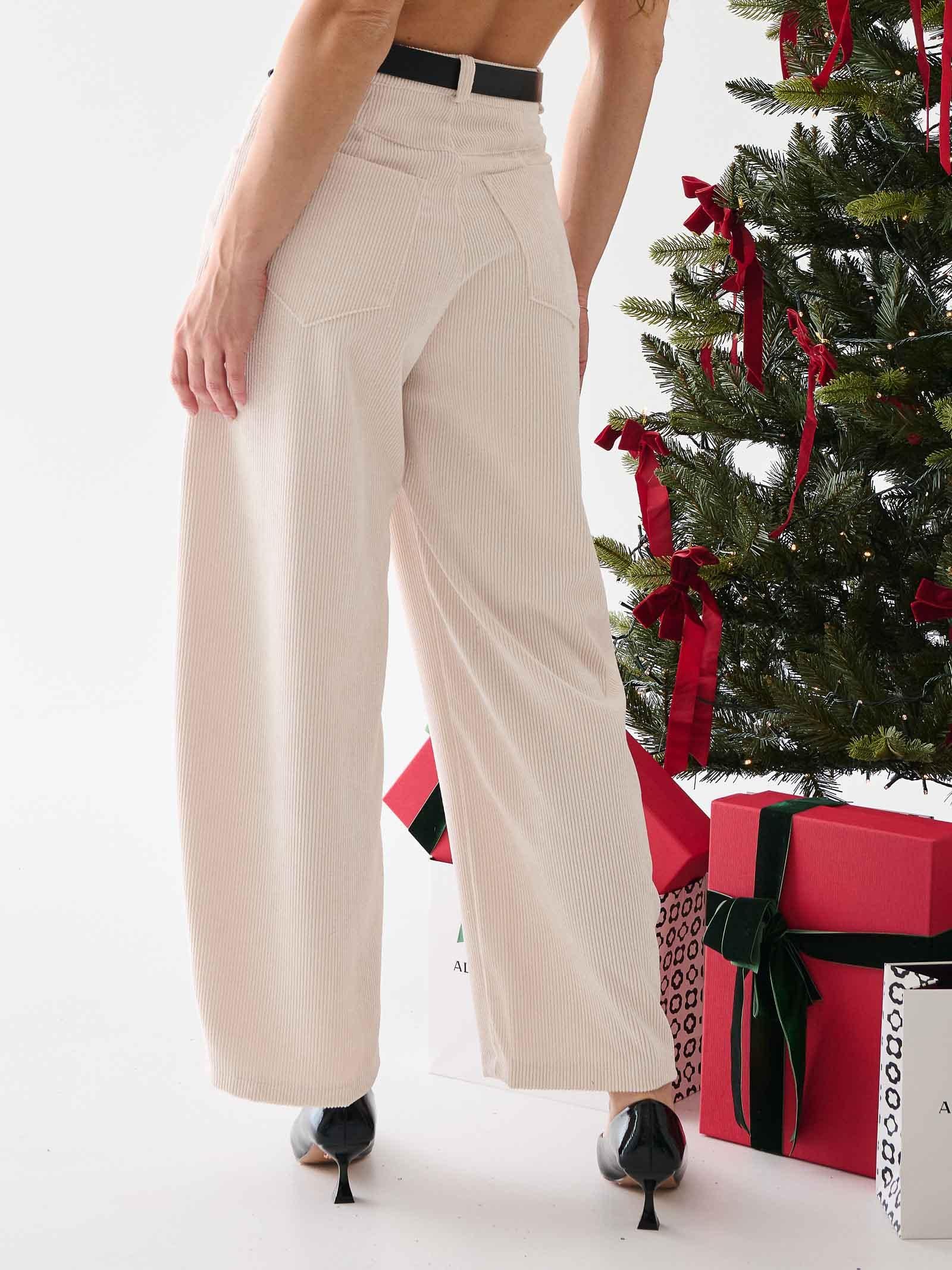 Pantalone in velluto Armoire panna a coste con cintura in coordinato - Image 3