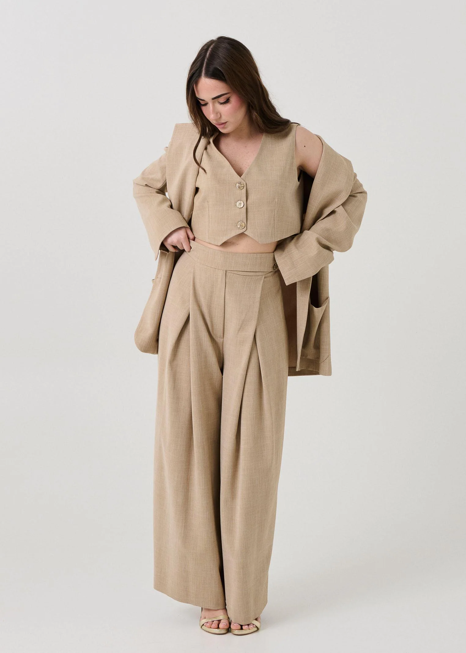 Pantalone "Seul" Bohemian Vì beige con pinces - Image 4