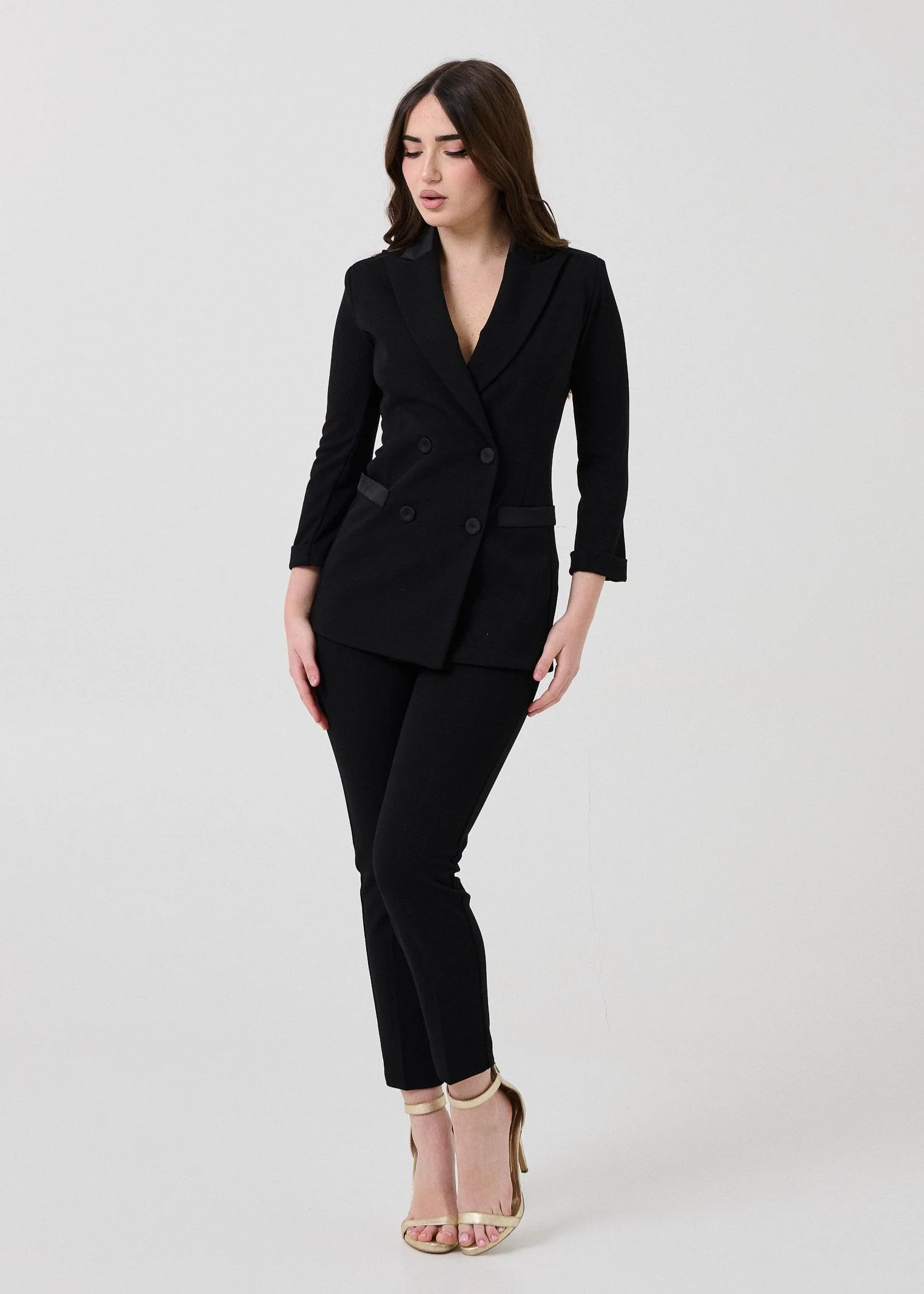 Pantalone slim Armoire nero con inserto in raso - Image 4