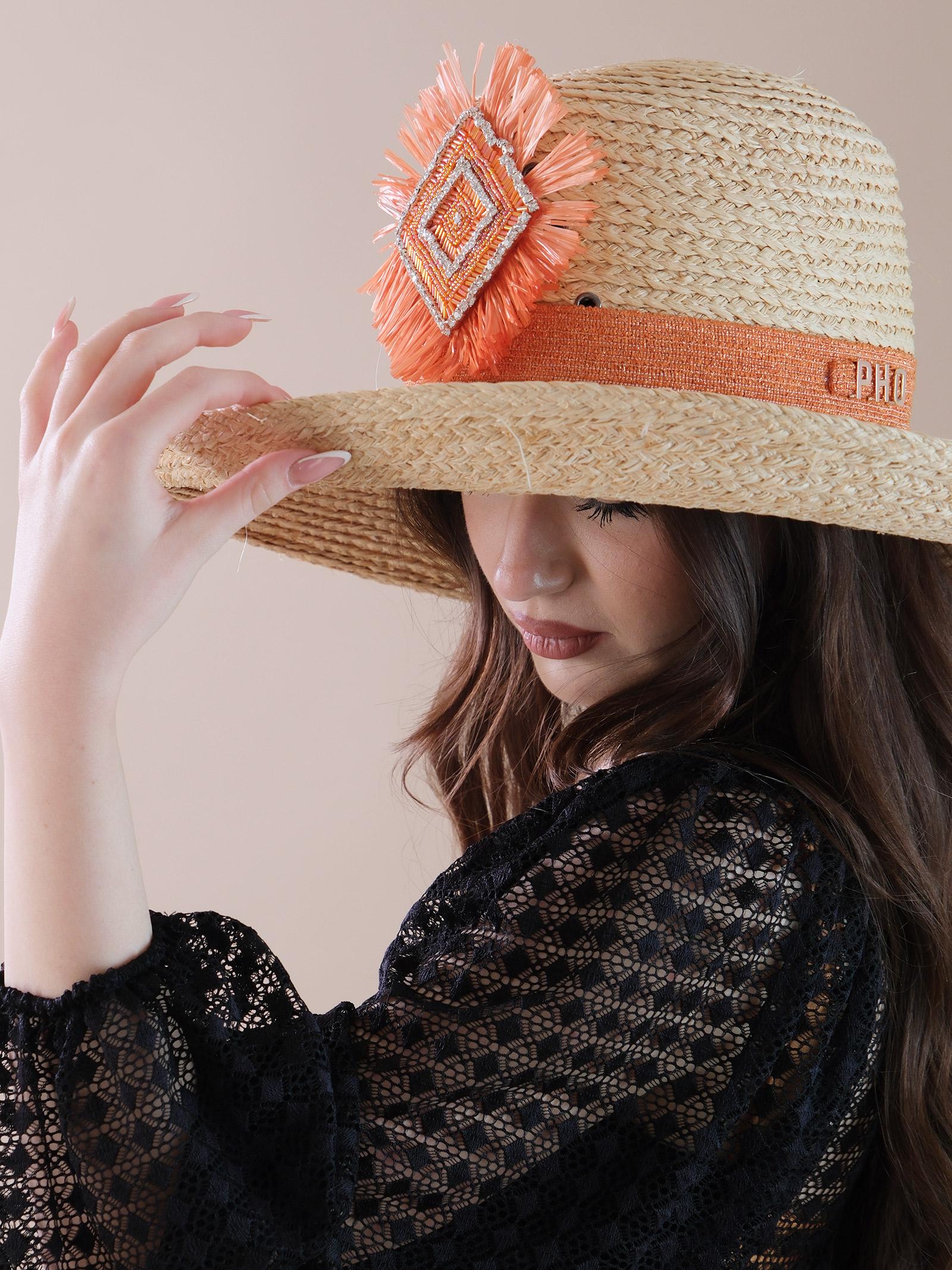 Cappello in paglia con fascia e applicazione arancioni - Image 2