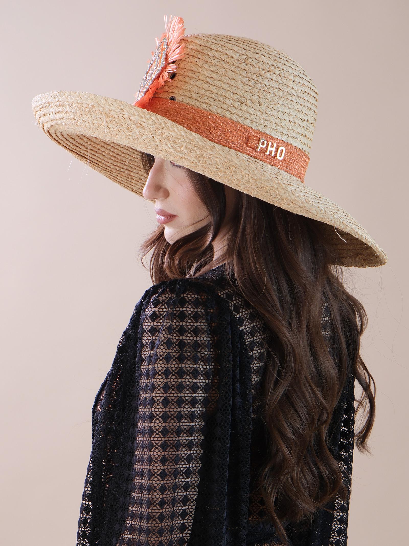 Cappello in paglia con fascia e applicazione arancioni - Image 3