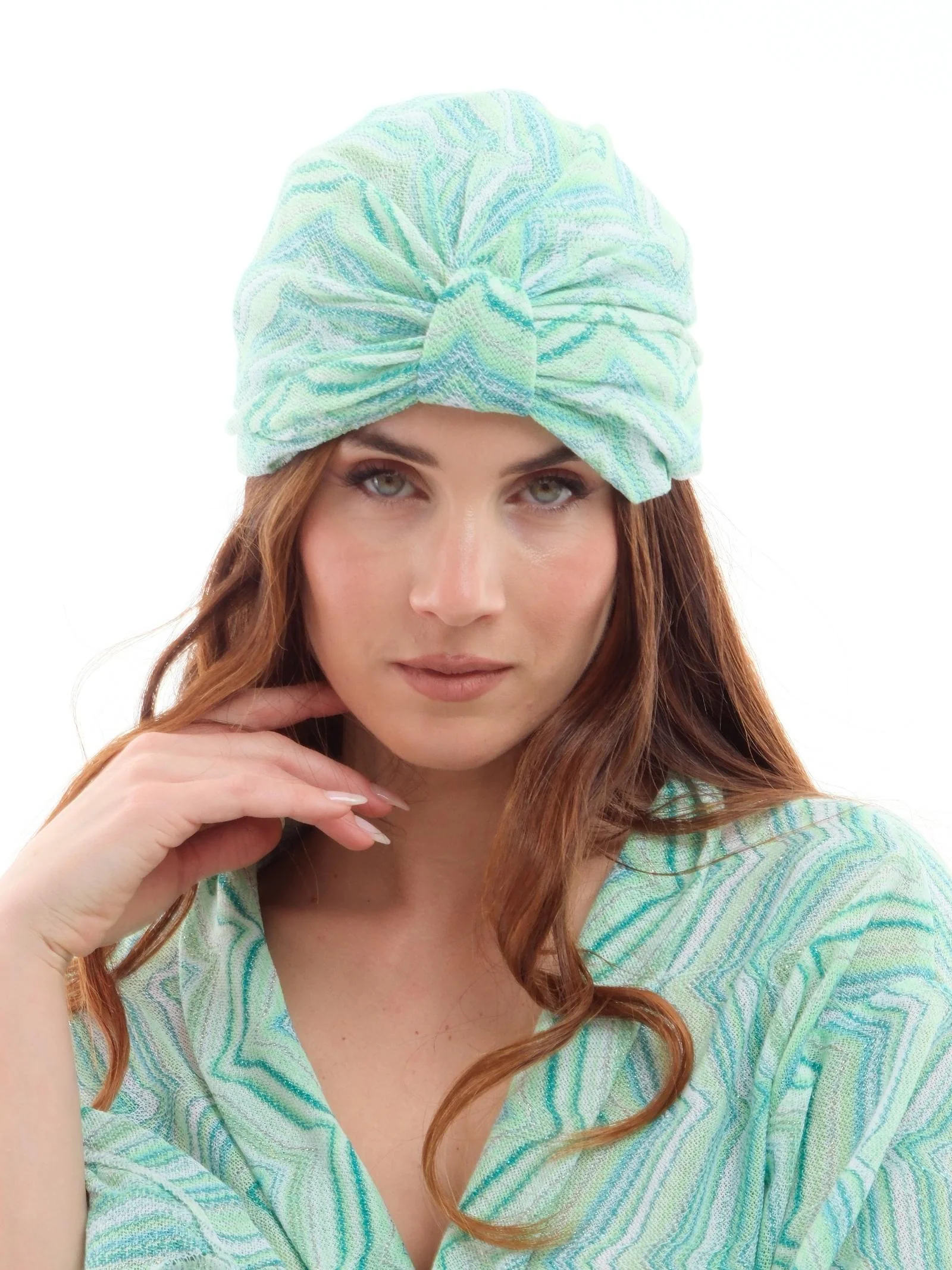 Turbante Pho Firenze verde acqua con motivi geometrici