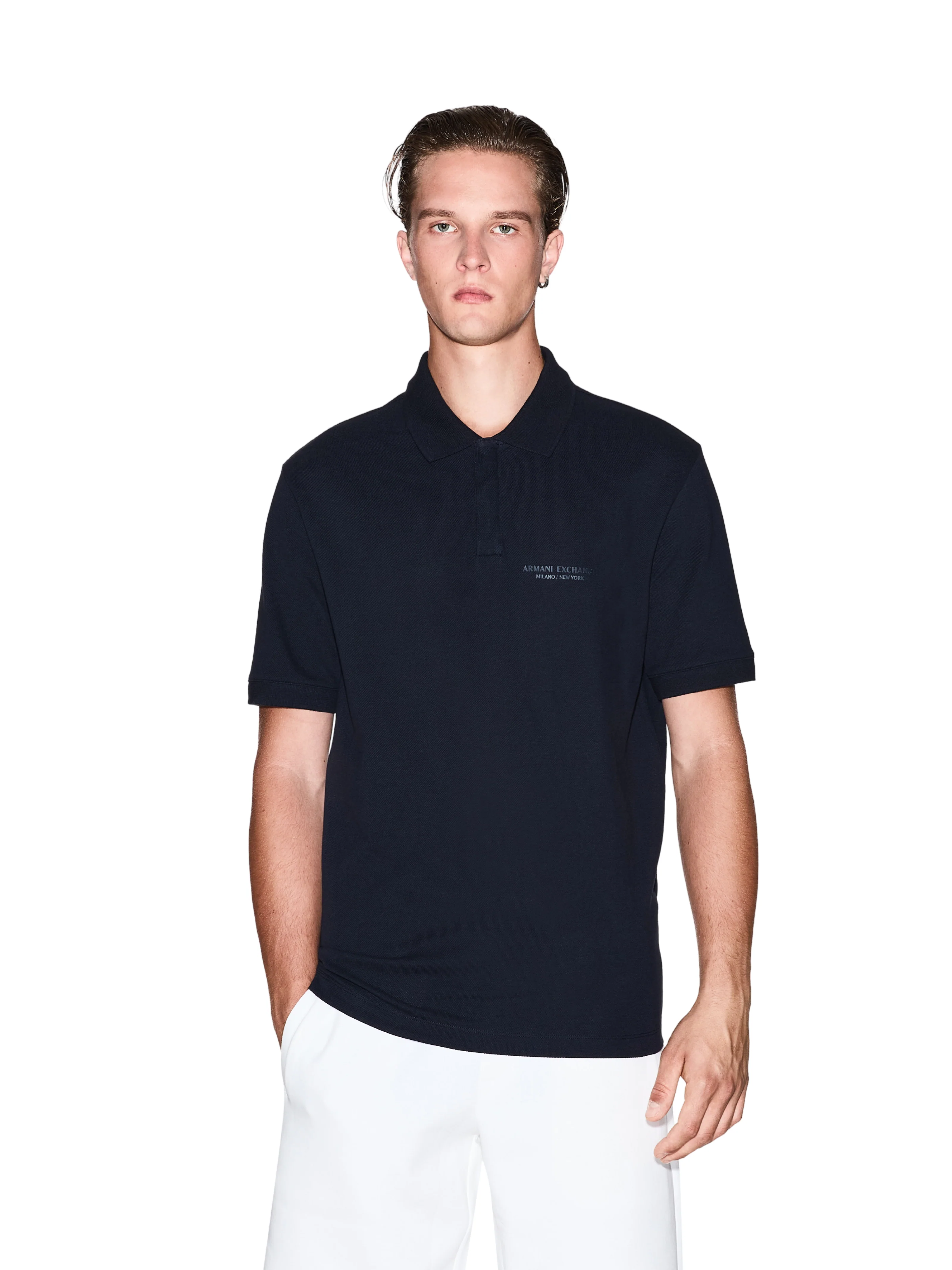 Polo Armani Exchange blu con logo tono su tono - Image 2