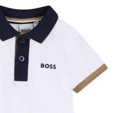 Polo Boss bianca con inserti blu e beige - Image 3