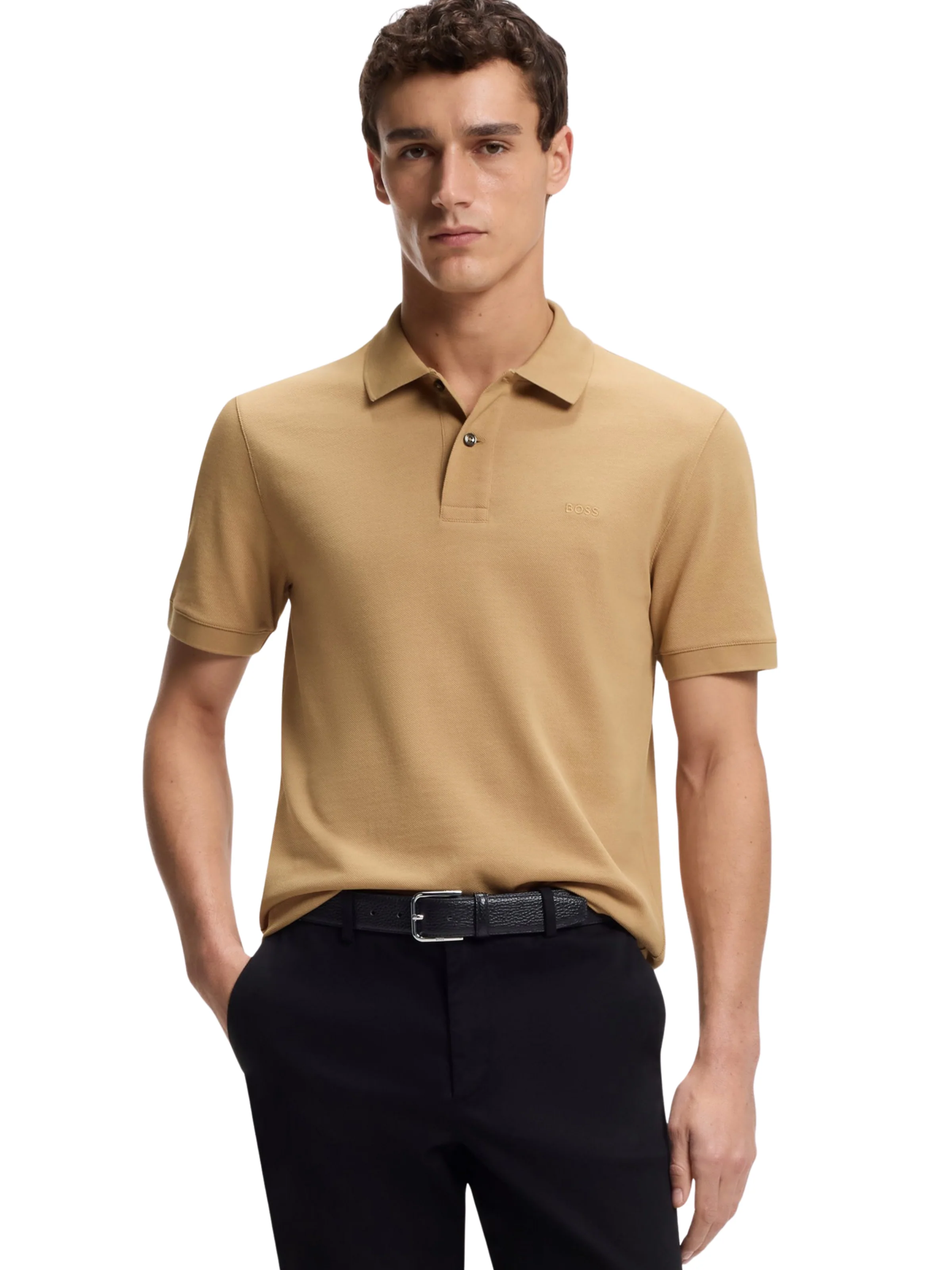 Polo "Pallas in piquè" Boss beige con logo ricamato - Image 2