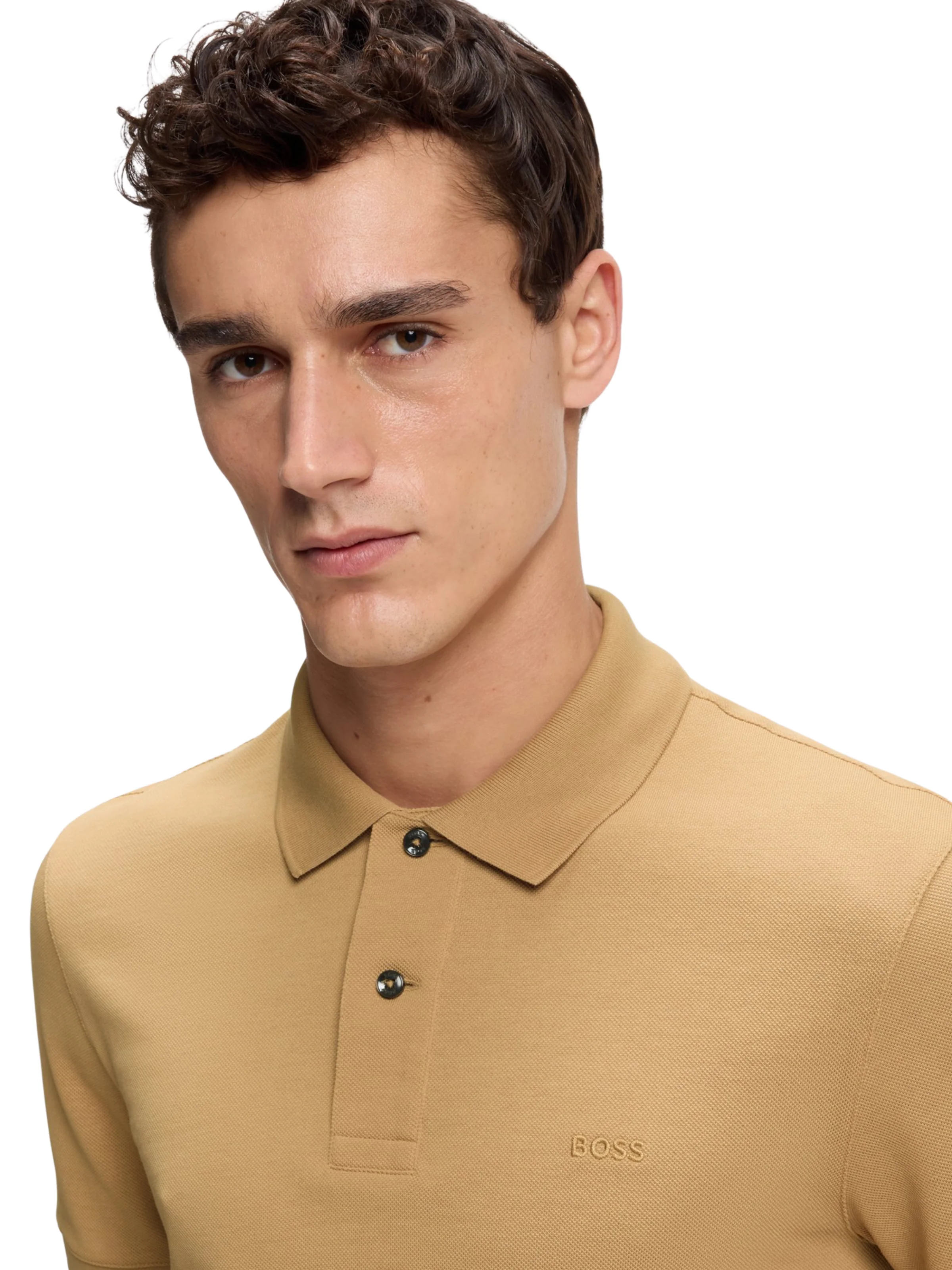 Polo "Pallas in piquè" Boss beige con logo ricamato - Image 3