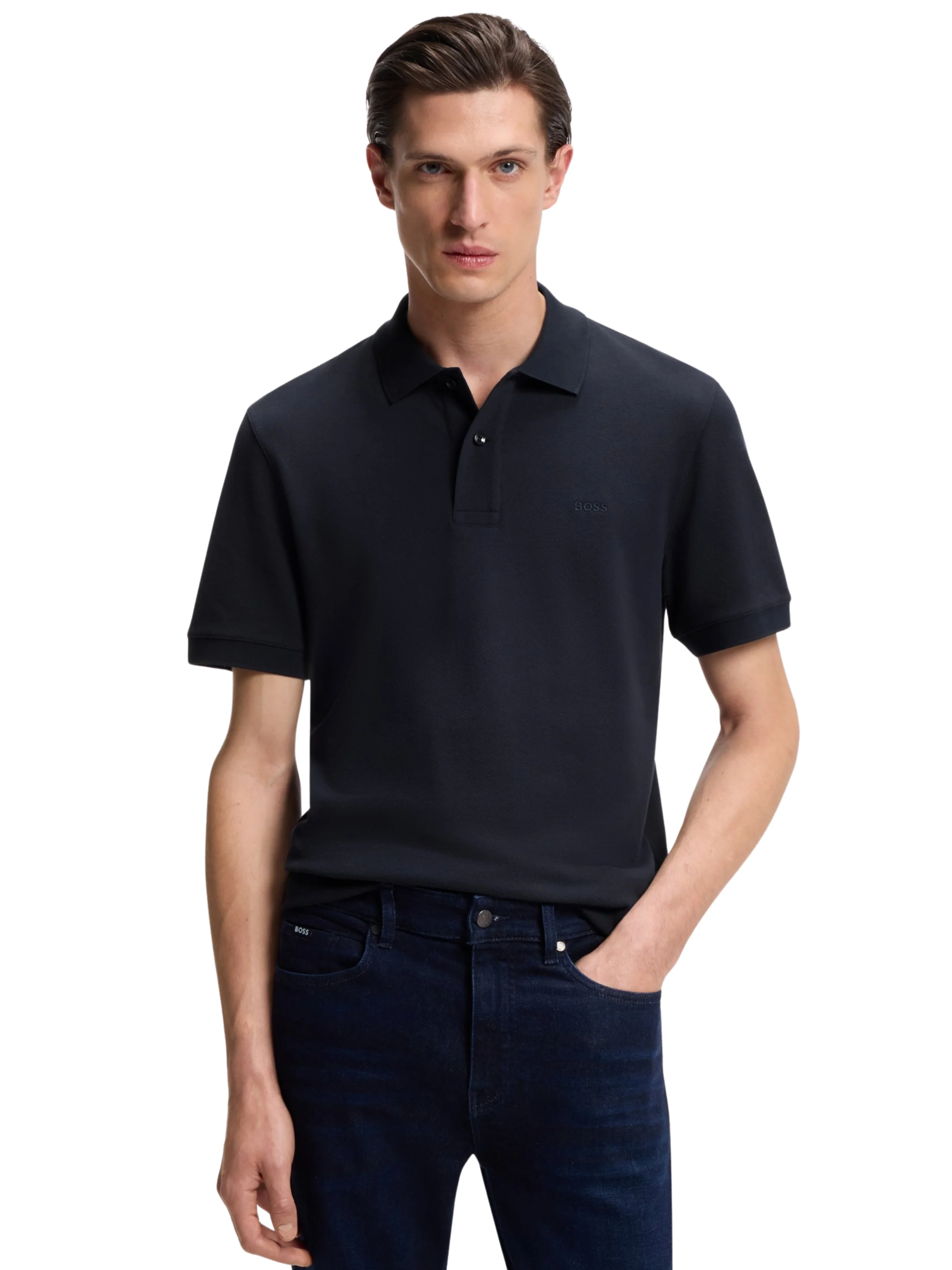 Polo "Pallas in piquè" Boss blu scuro con logo ricamato - Image 2