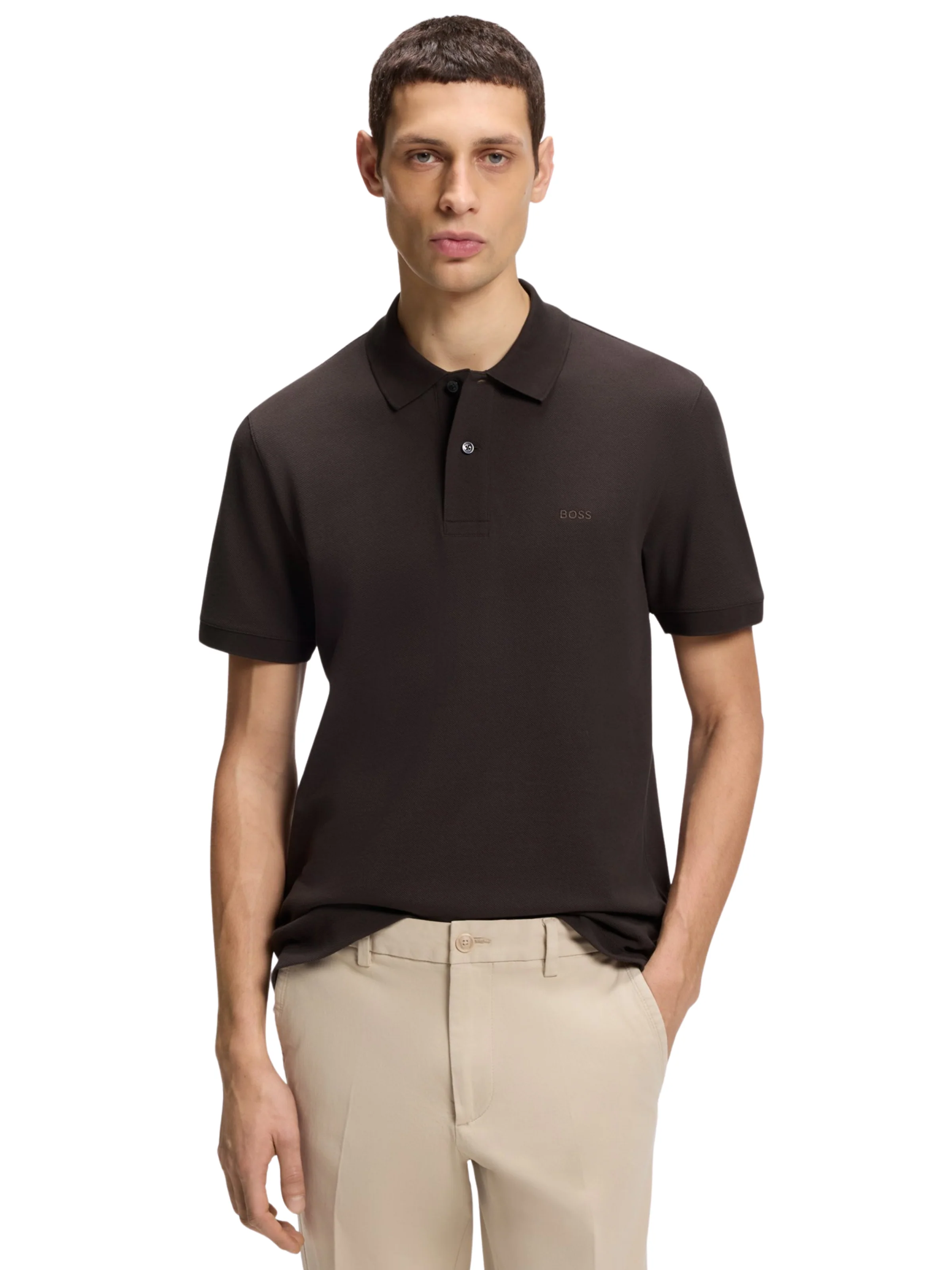 Polo "Pallas in piquè" Boss marrone scuro con logo ricamato - Image 2