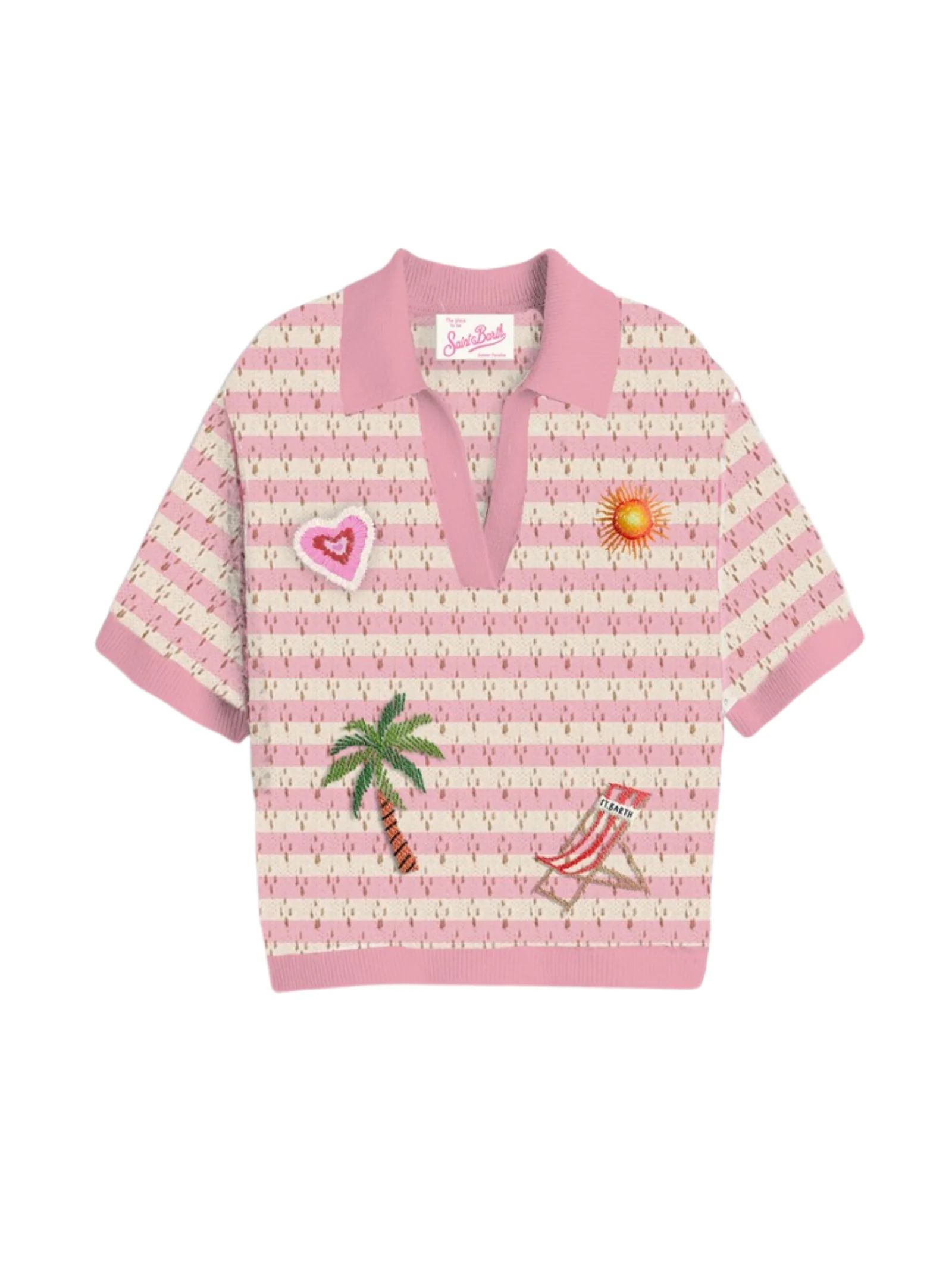 Polo Saint Barth rosa con ricami estivi e fantasia a righe