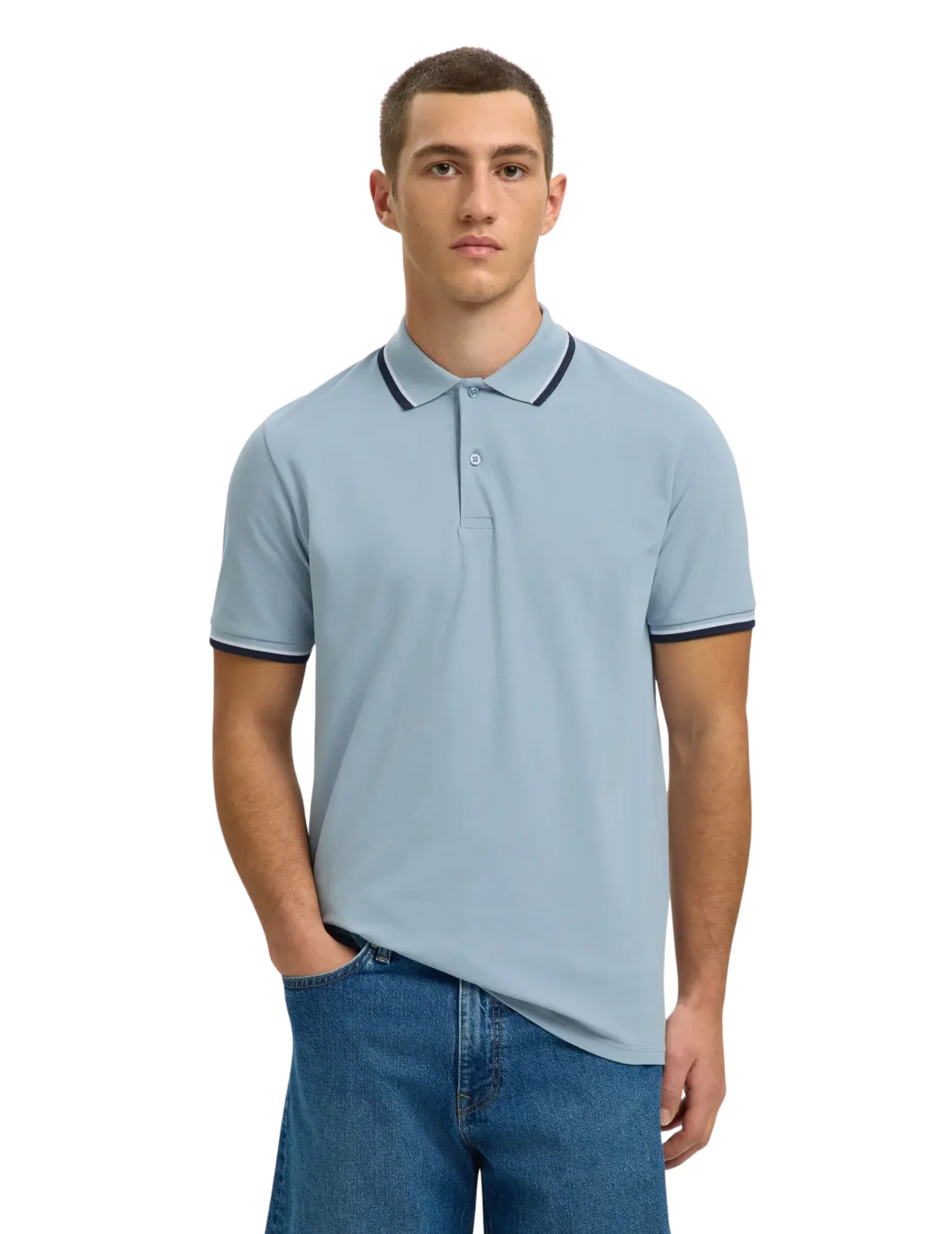 Polo Selected azzurro con inserti a contrasto - Image 2
