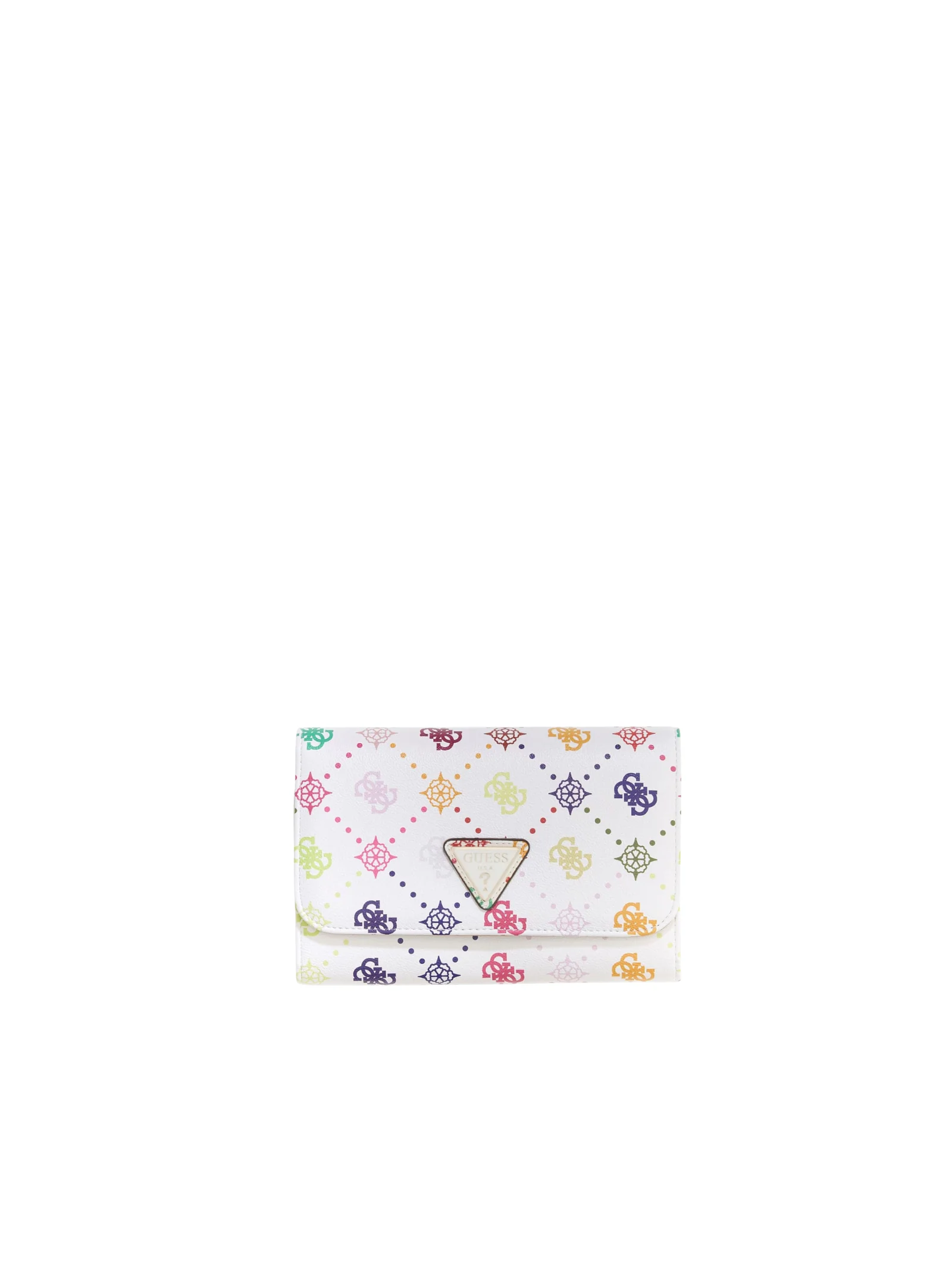 Portafoglio con patta Guess bianco con impunture e logo 4G arcobaleno