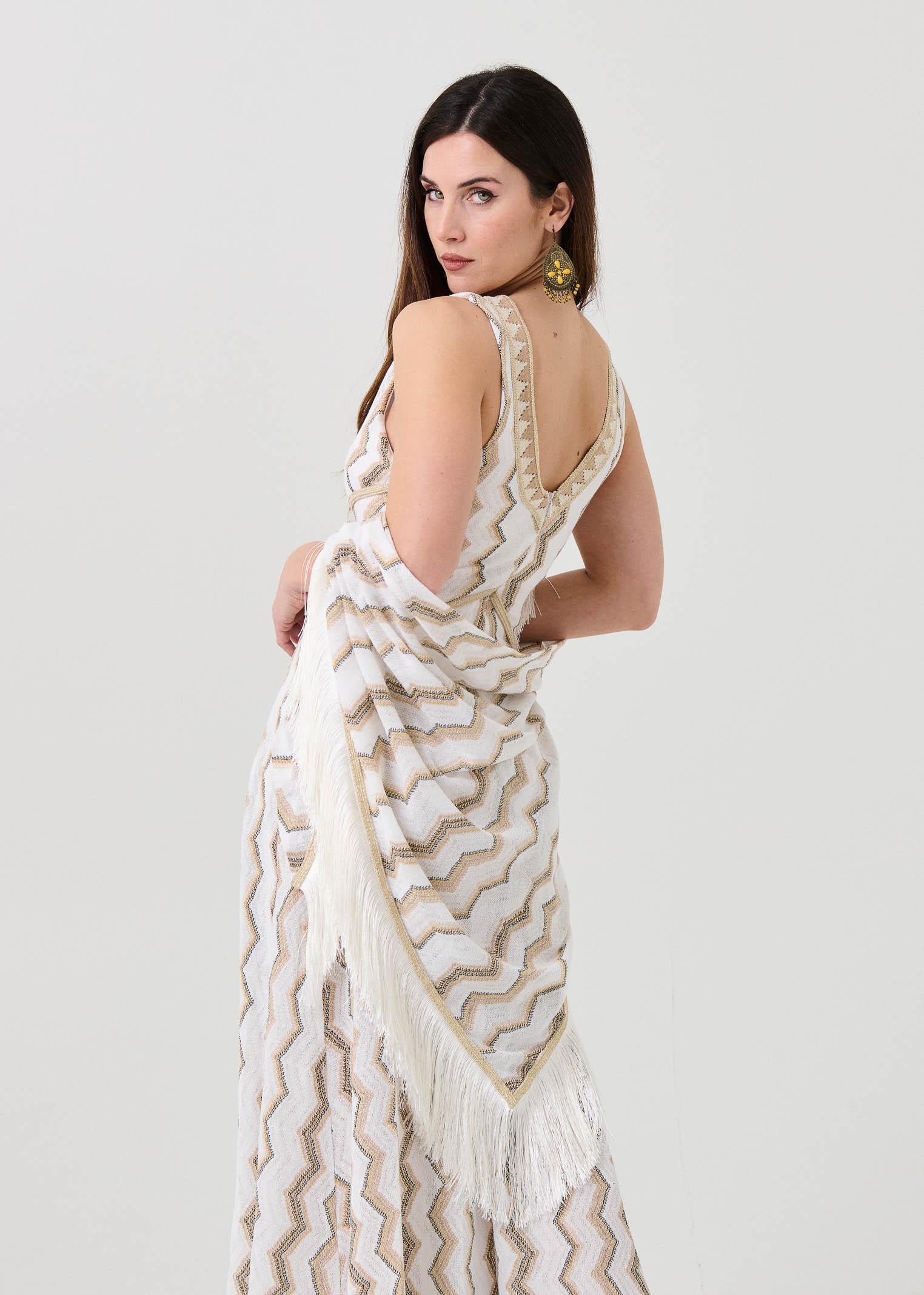 Scialle Pho Firenze bianco con frange e dettagli lurex - Image 3