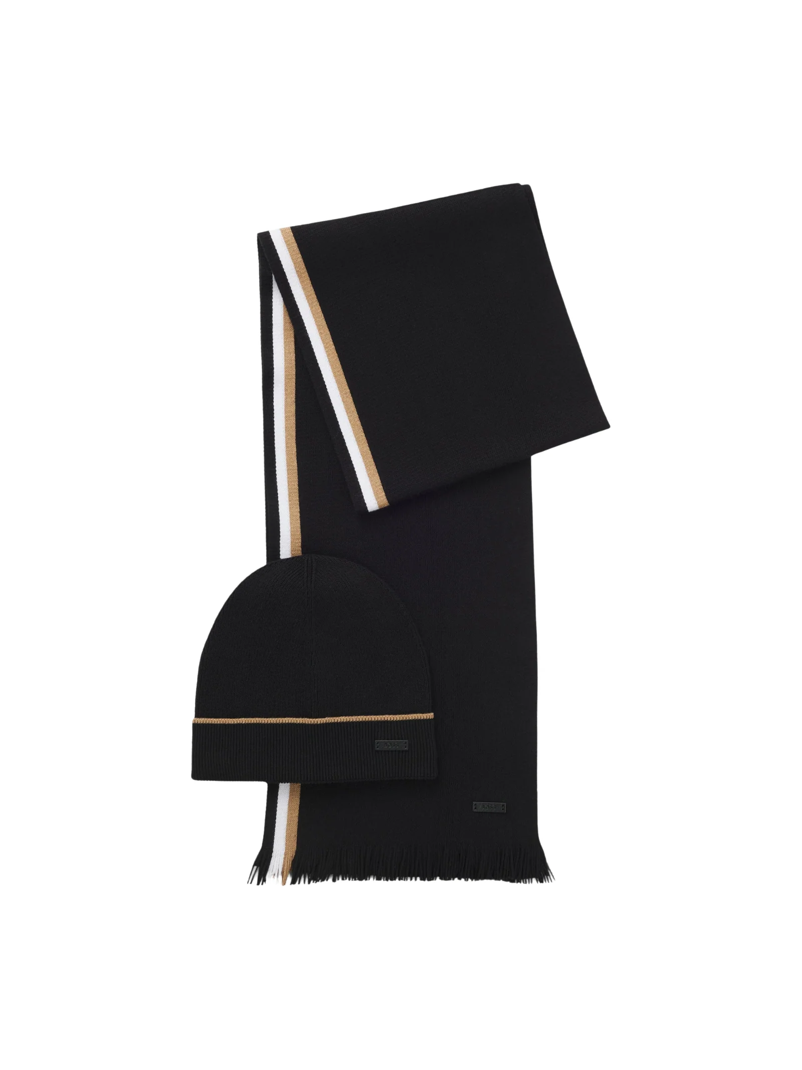 Set Cappello e Sciarpa Boss nero con inserti beige e bianchi