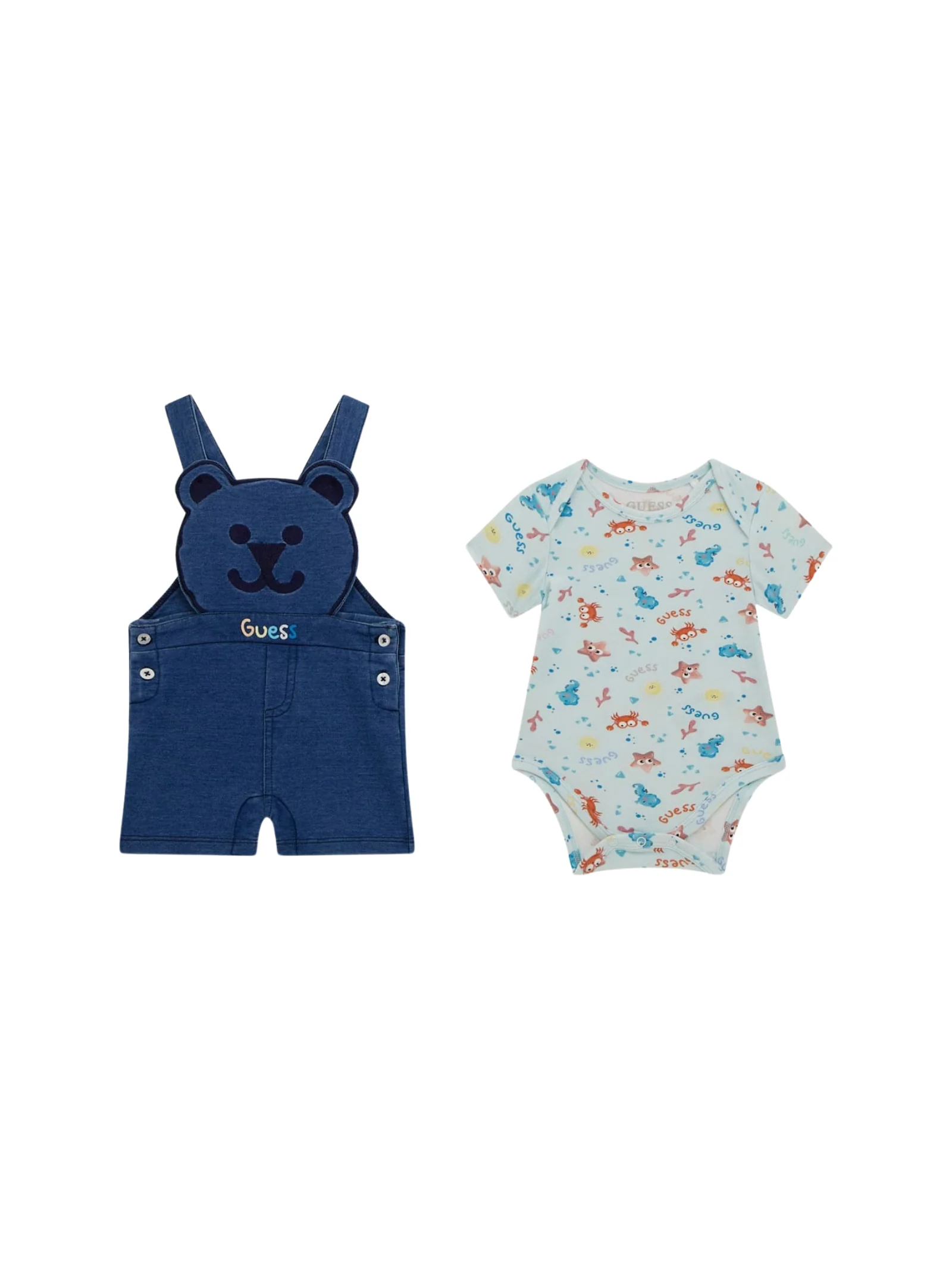 Set salopette e body Guess blu in denim con orsetto - Image 2