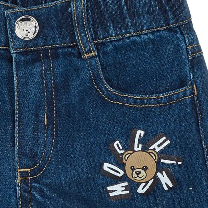 Shorts in denim Moschino blu con patch teddy e risvolti - Image 3