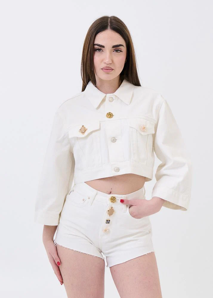 Shorts in denim Vicolo bianco naturale con bottoni gioiello - Image 4