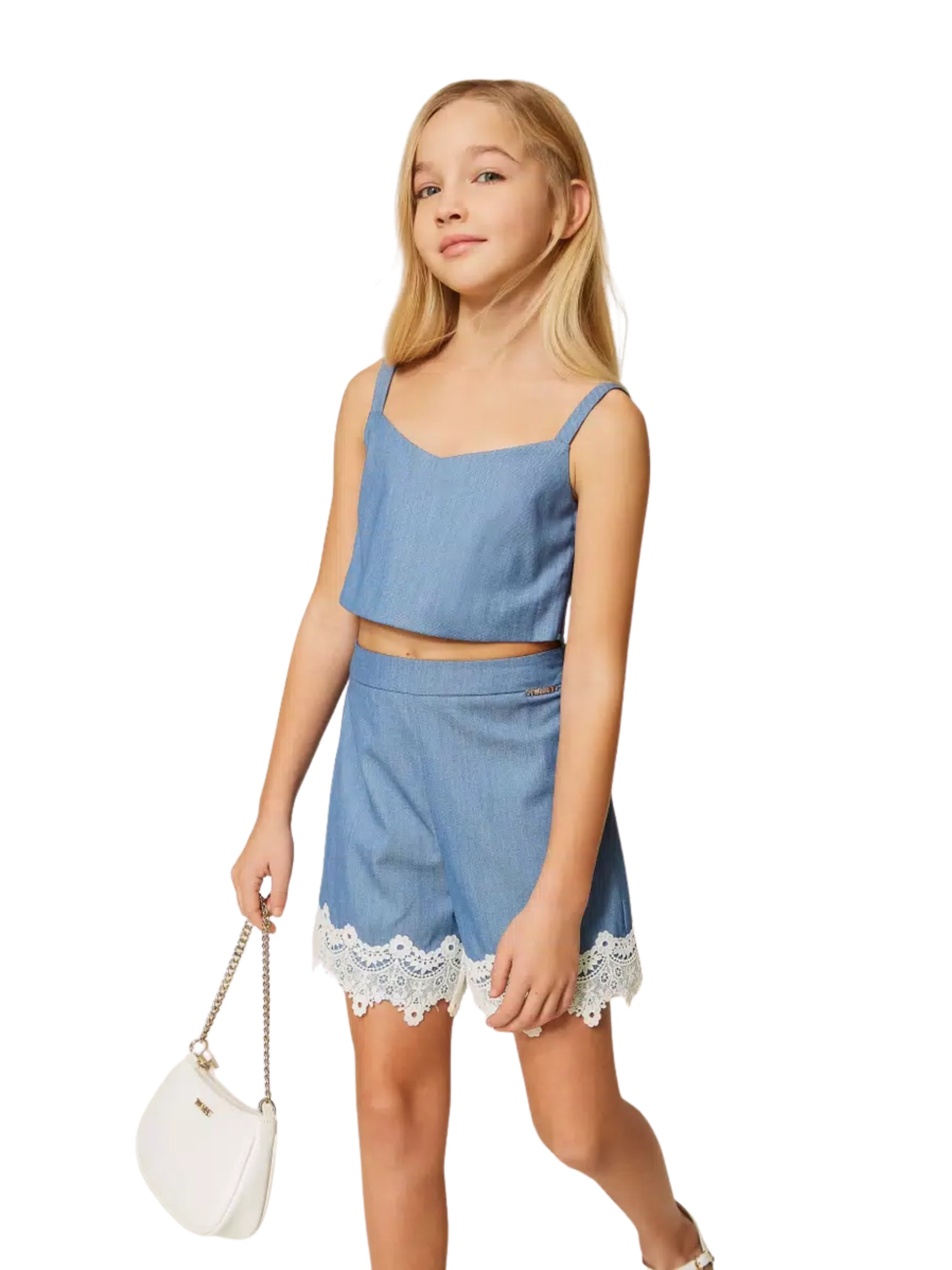 Shorts in fil-à-fil Twinset azzurro con pizzo a contrasto - Image 3