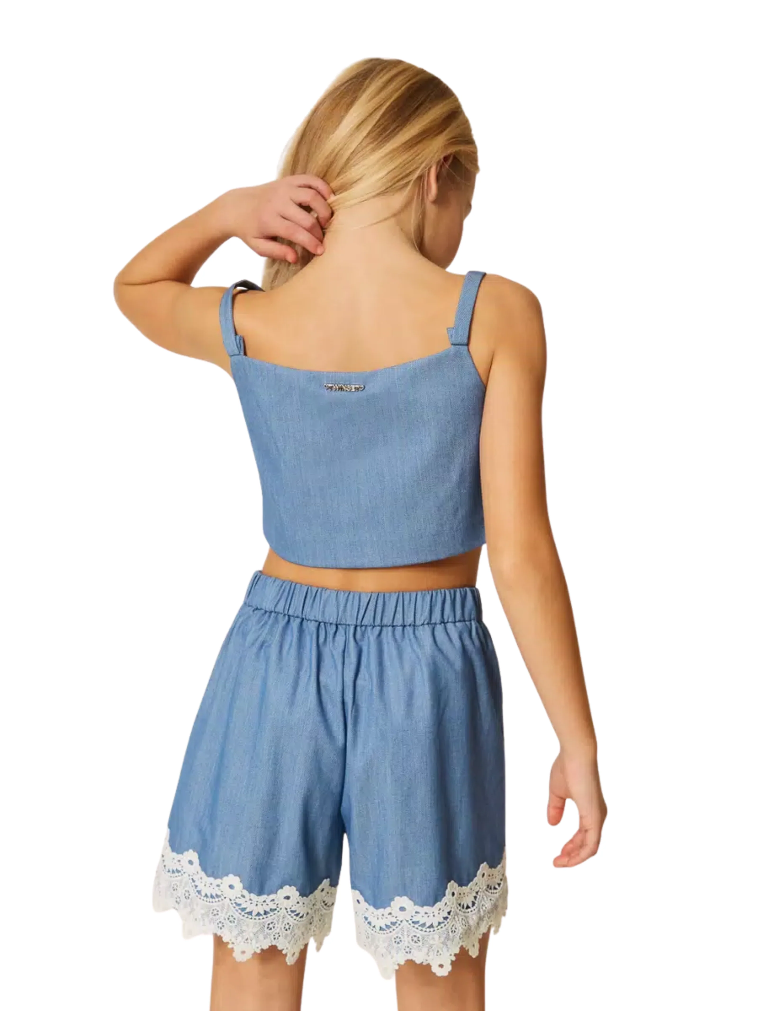 Shorts in fil-à-fil Twinset azzurro con pizzo a contrasto - Image 4