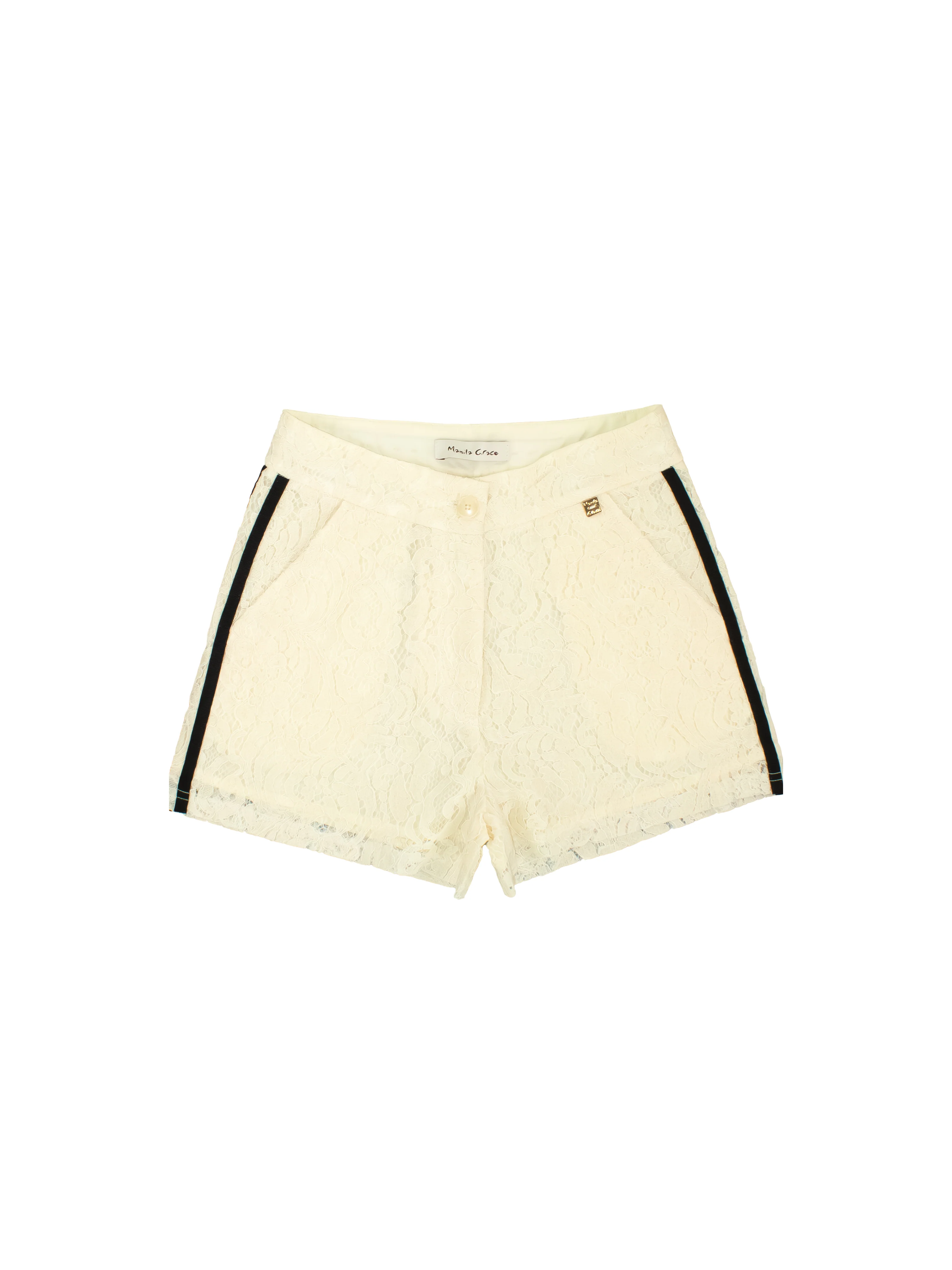 Shorts Manila Grace crema con bande laterali e inserti in pizzo