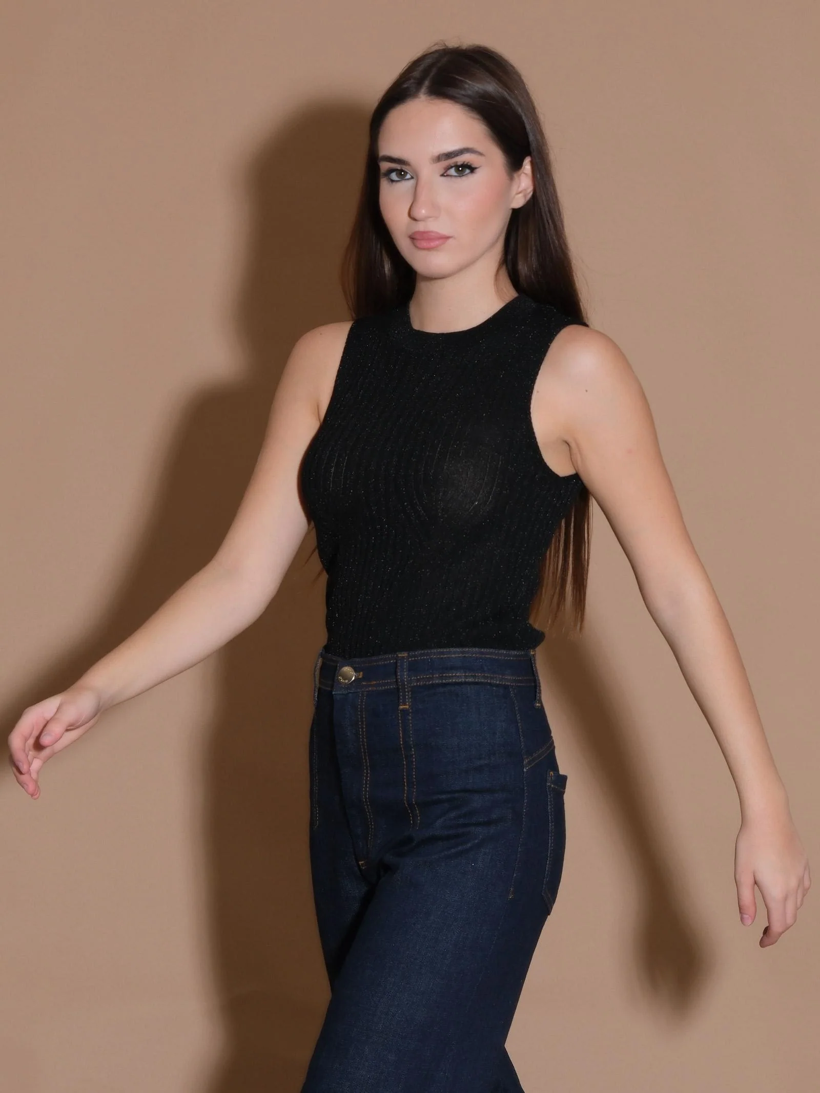 Canotta nera in maglia a costine con lurex - Image 2