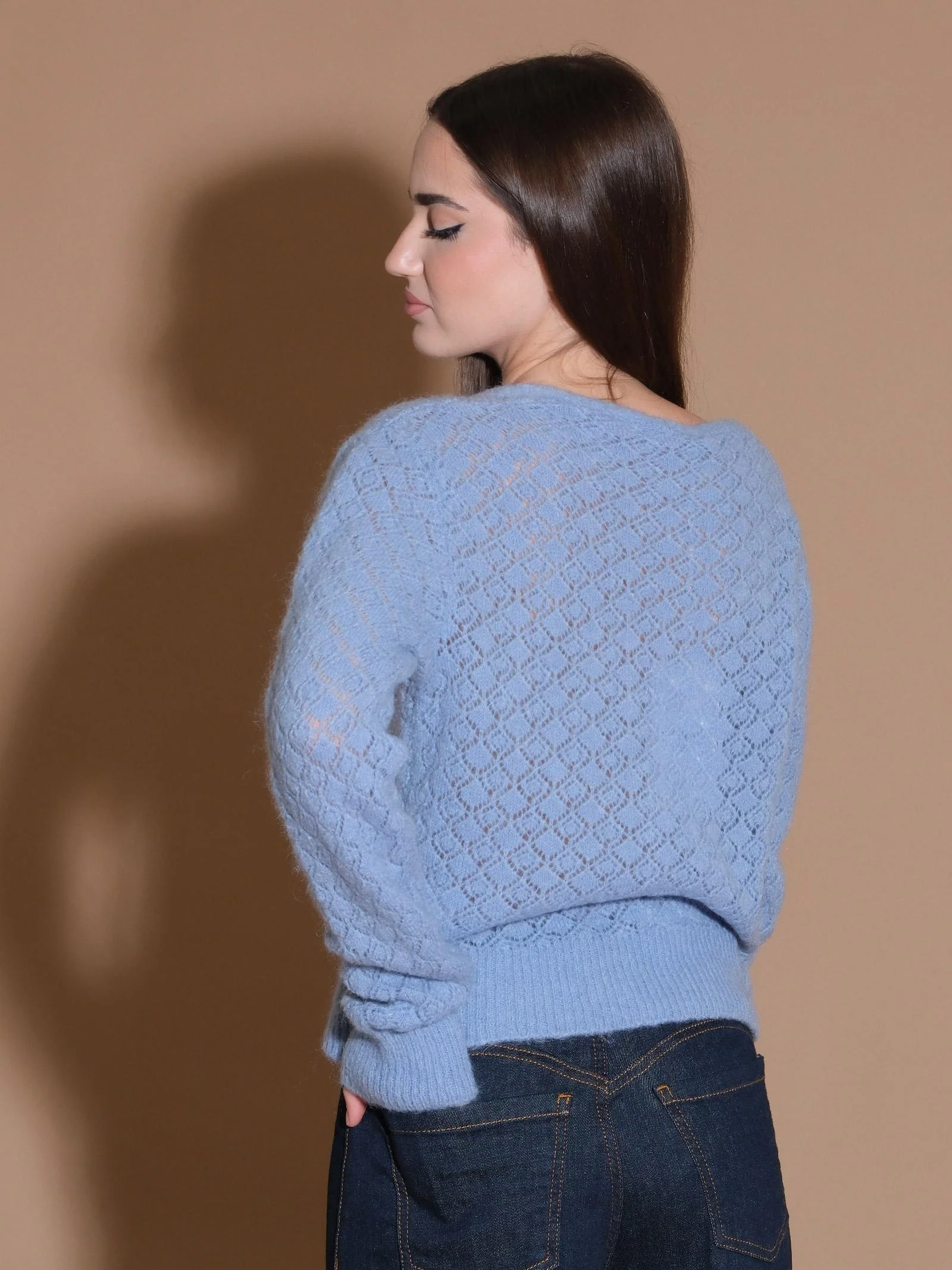 Cardigan azzurro polvere lavorazione rombi - Image 3