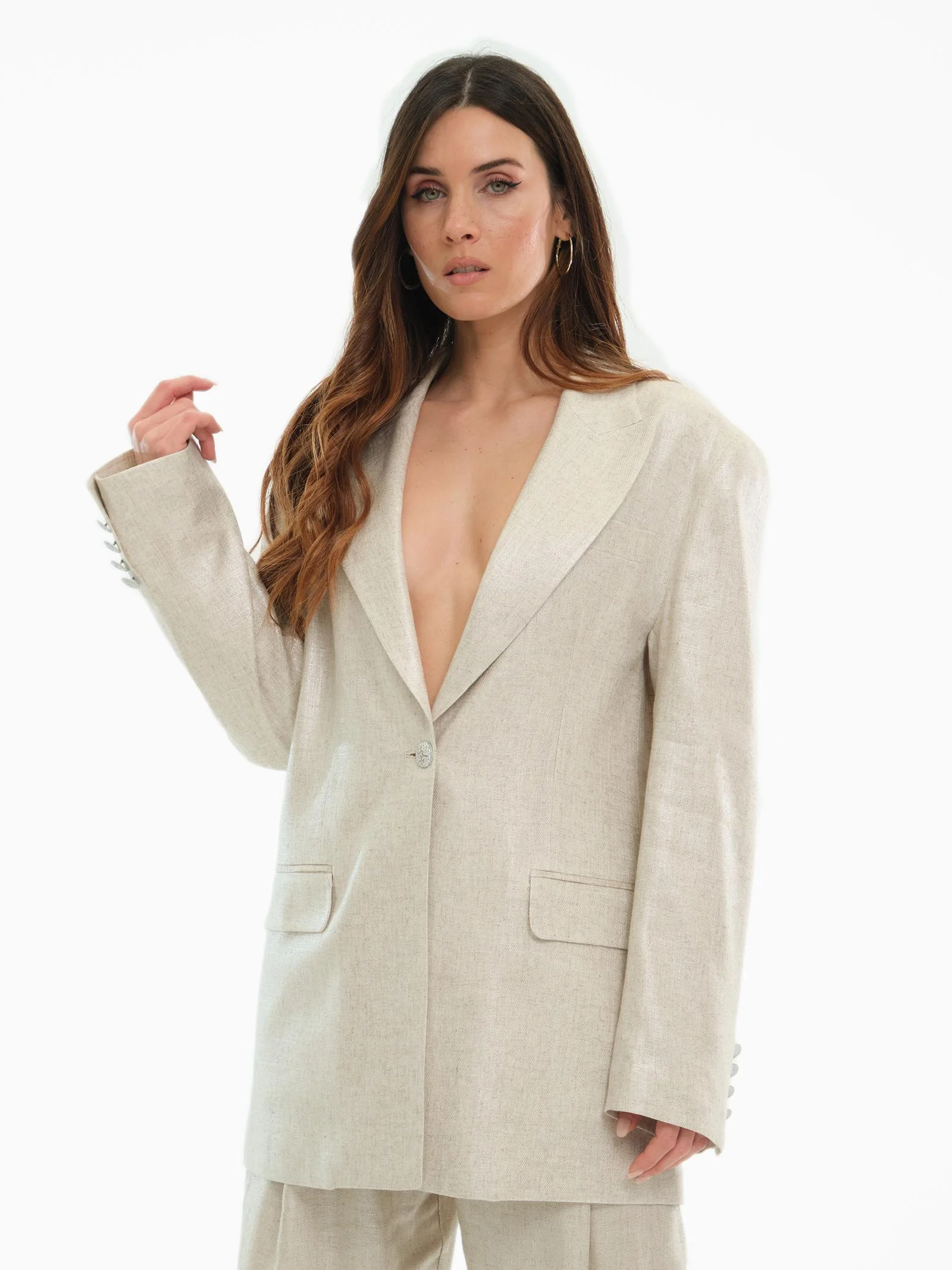 Giacca "over linum" Silence Limited sabbia con filo lurex - Image 2