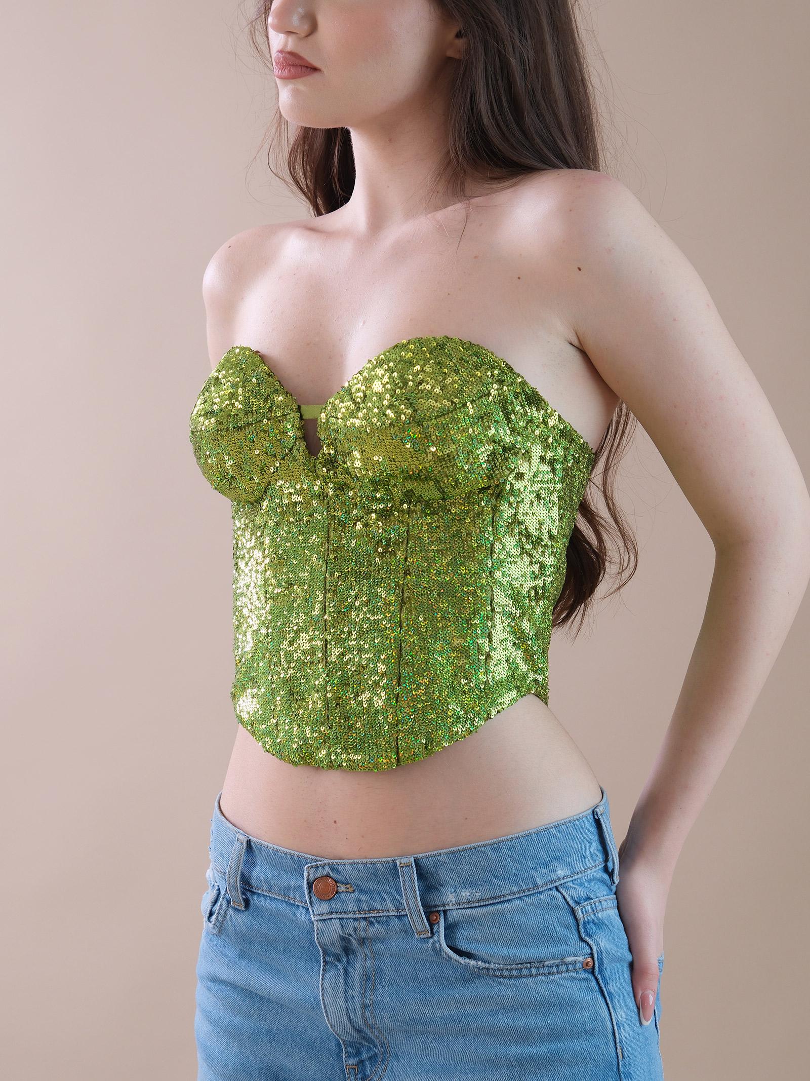 Top bustier Silence Limited verde ricoperto di pailettes - Image 2