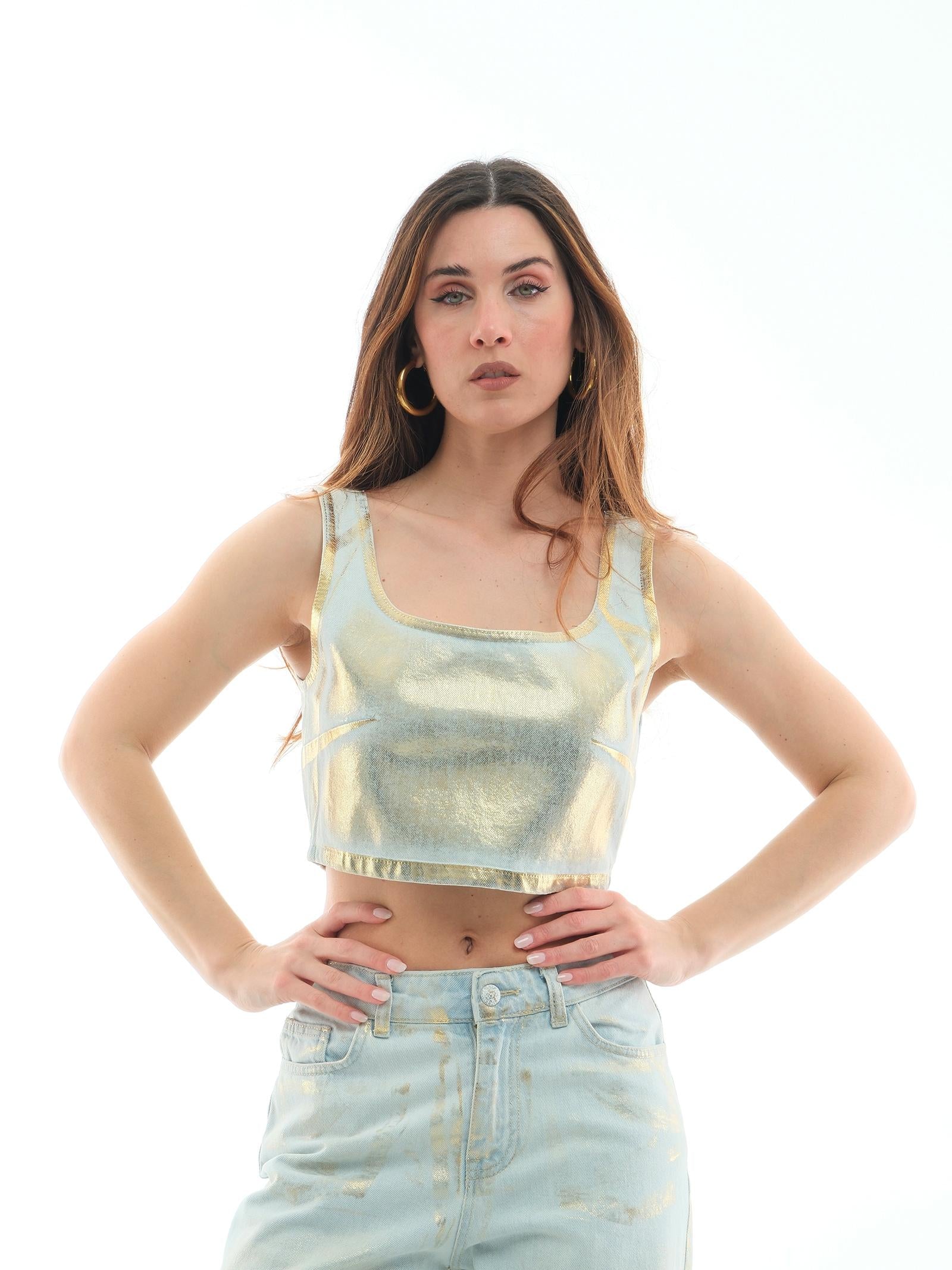 Top "crop maylar" Silence Limited in denim placcato