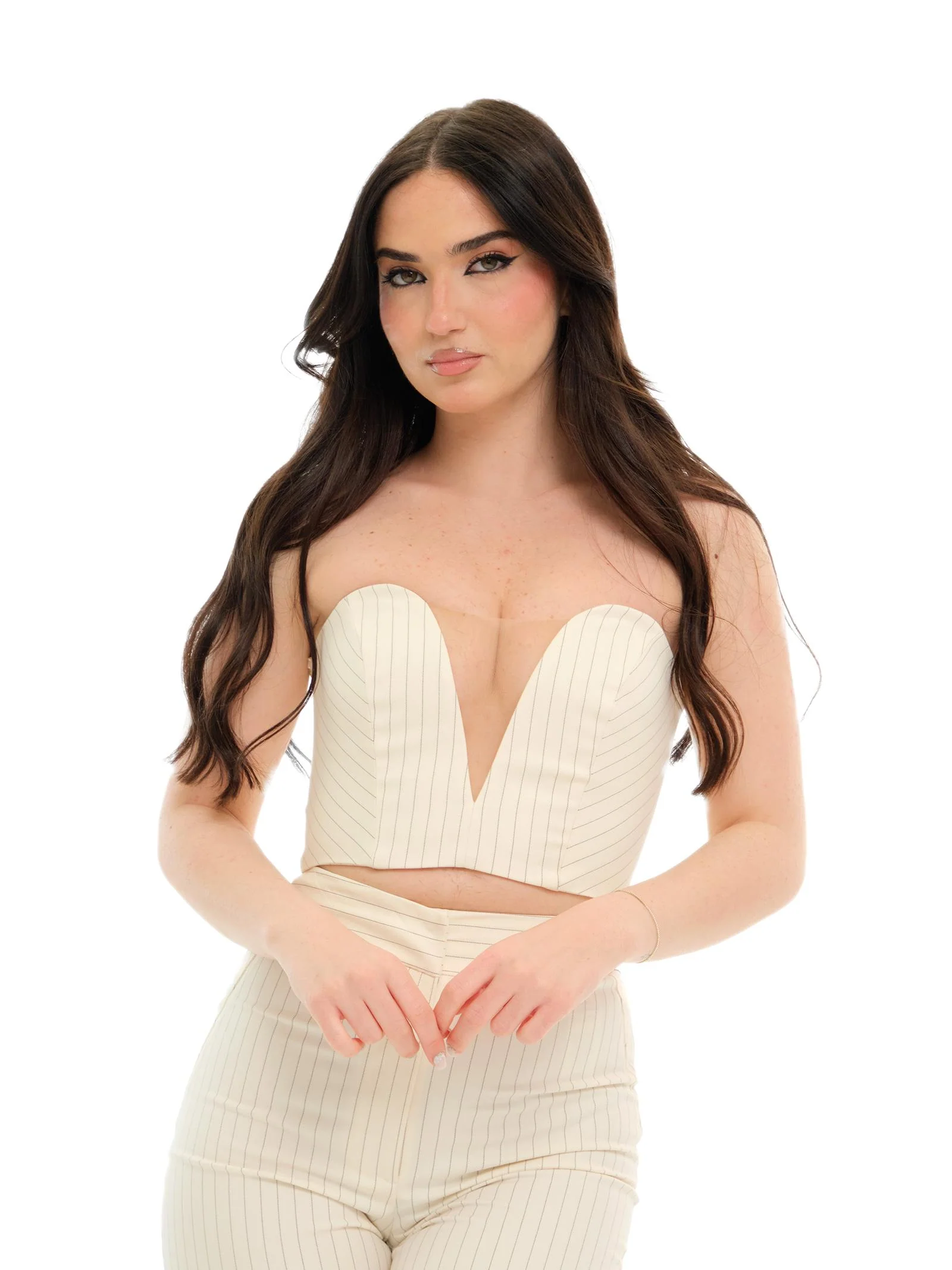 Top cropped "stripe" Silence Limited avorio con righe gessate