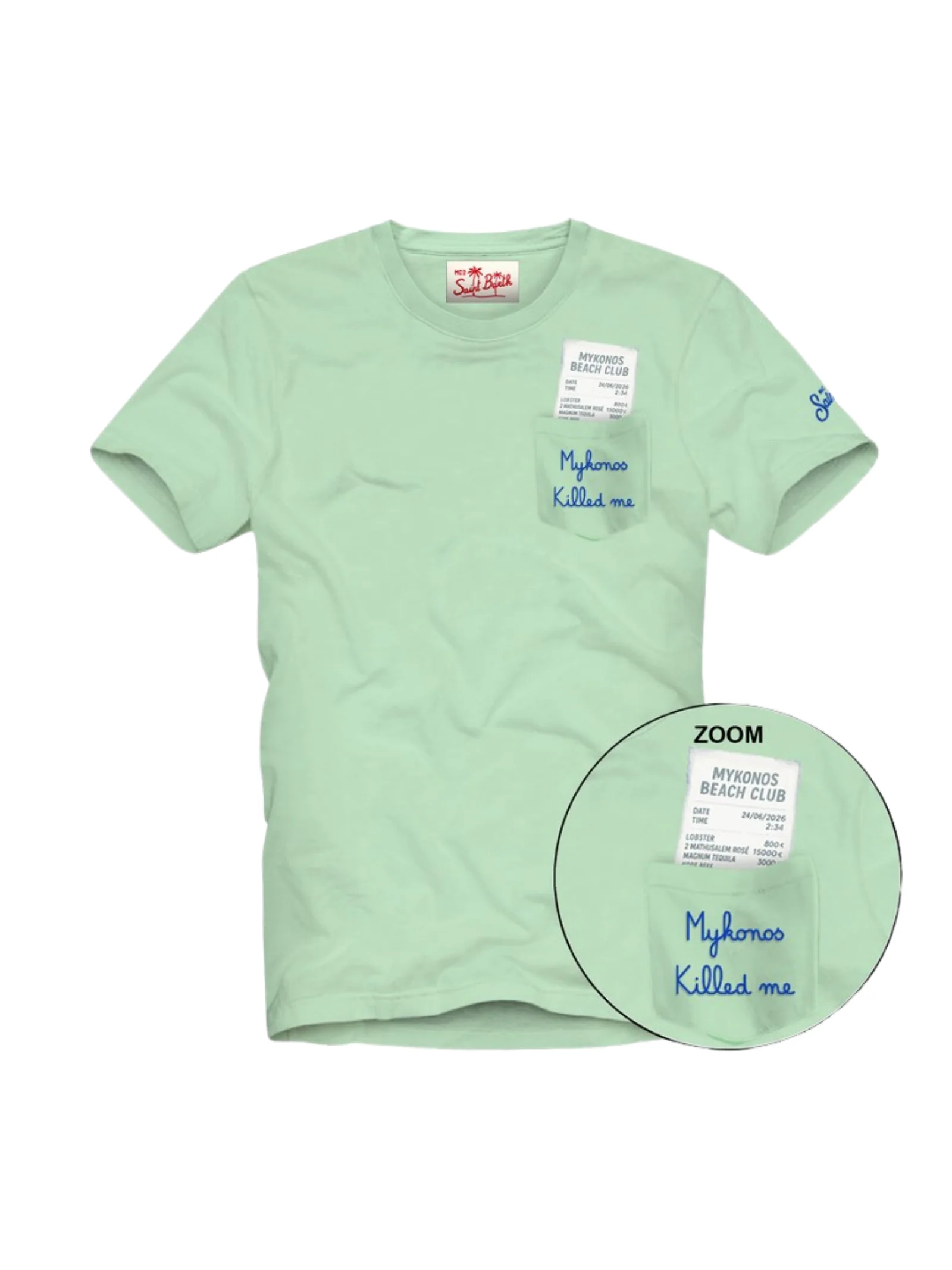 T-Shirt "55 emb" Saint Barth verde con stampa "Mykonos Killed me"