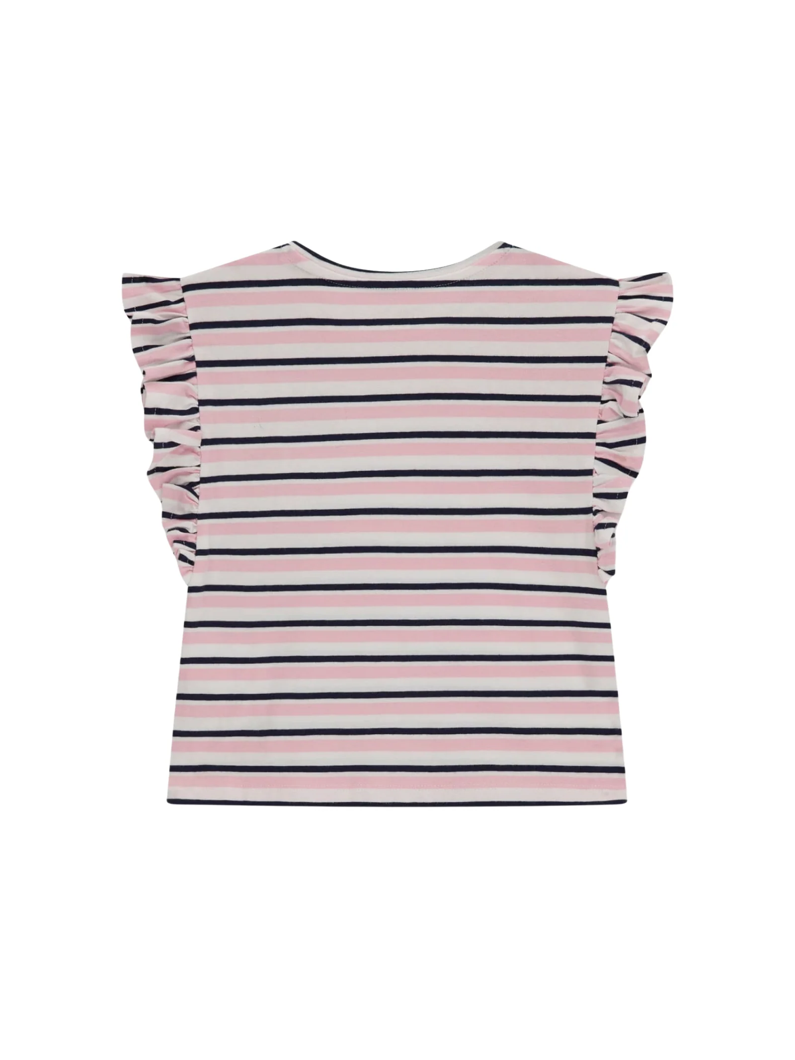 T-Shirt a righe Guess rosa con volant e stampa frutta - Image 2