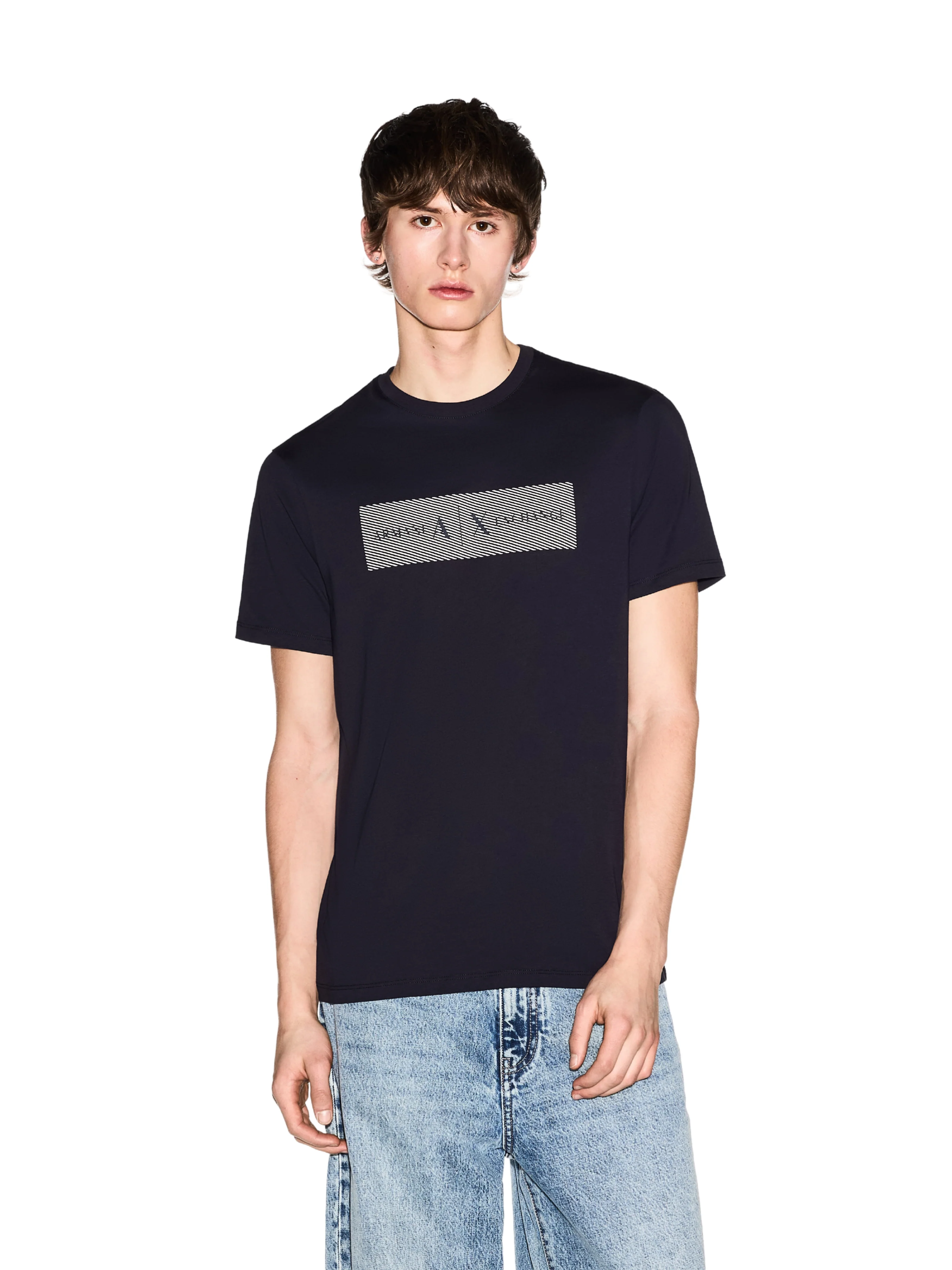 T-Shirt Armani Exchange blu con stampa a contrasto - Image 2