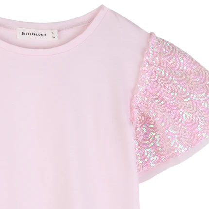 T-Shirt Billie Blush rosa con maniche in paillettes - Image 3